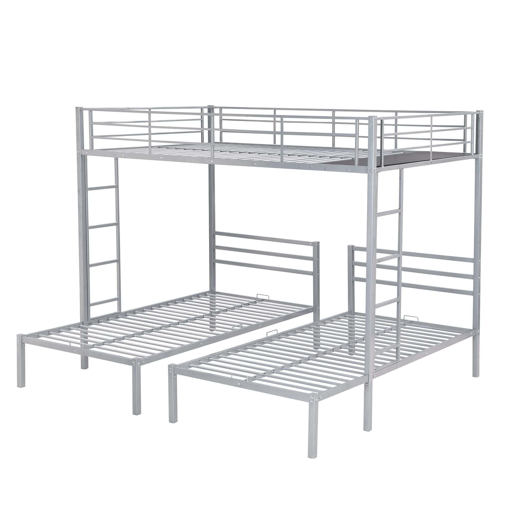 Metal Triple Bunk Bed with Built-in Shelf and Guardrails, Full Over 2 Twin Bunk Bed for Family, Kids, Teens,No Box Spring Needed