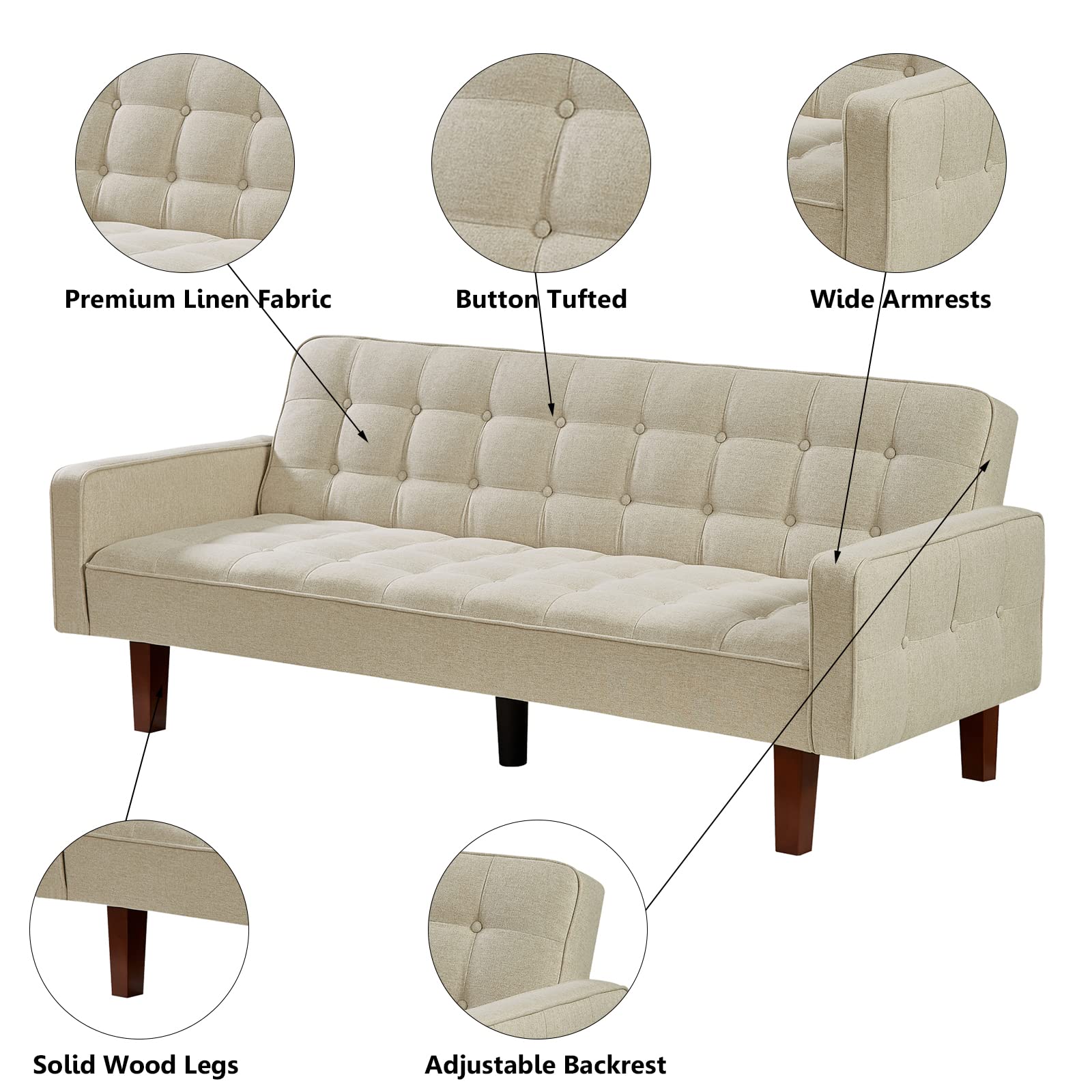 Betoko Linen Futon Sofa Couch 73.6" Fabric Upholstered Convertible Sofa Bed Minimalist Button Tufted Small 3 Seater Sleeper Futon Couch Set for Living Room Bedroom (Beige)