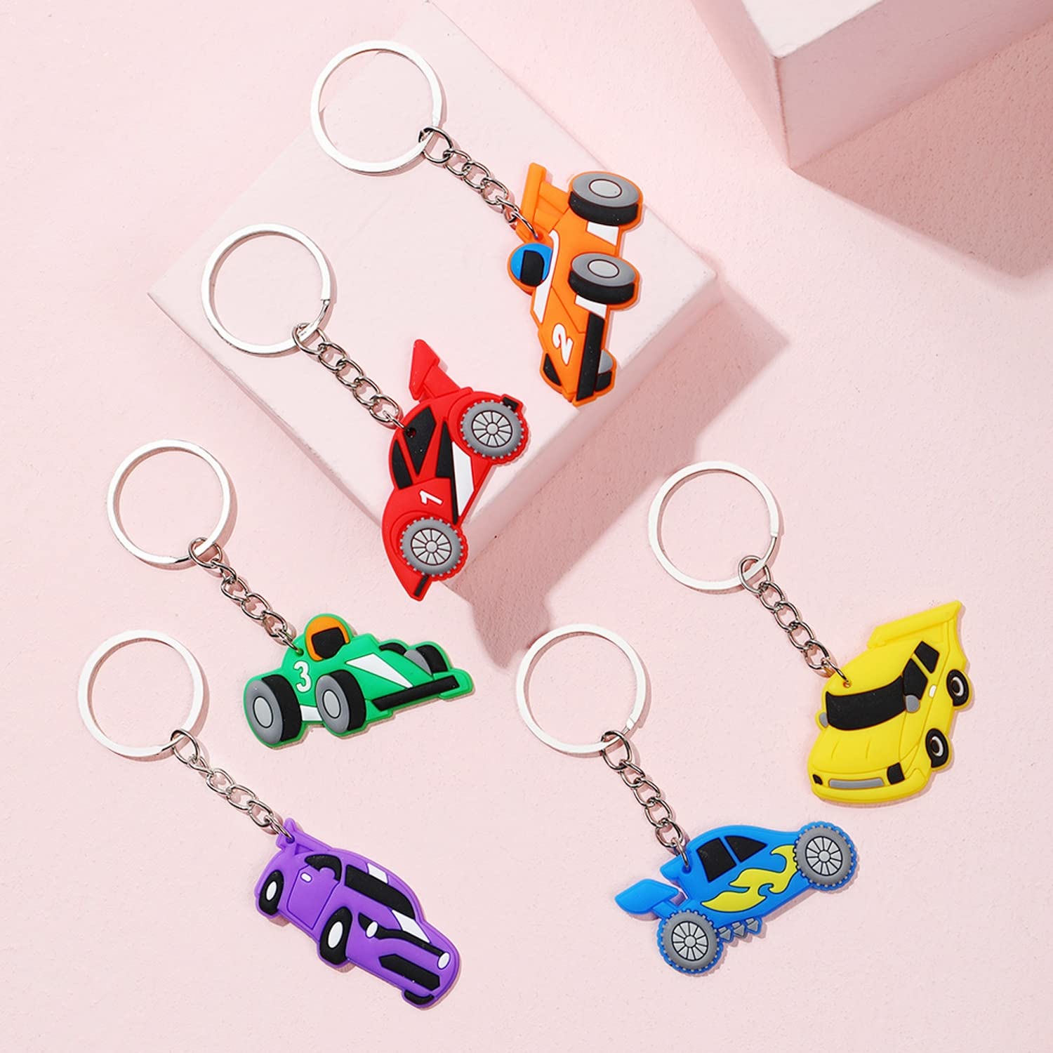 JZK 30 Pcs car keyring set for kids, silicone race car keychains for children birthday party favours, kids party bag fillers, kids party thankyou gift