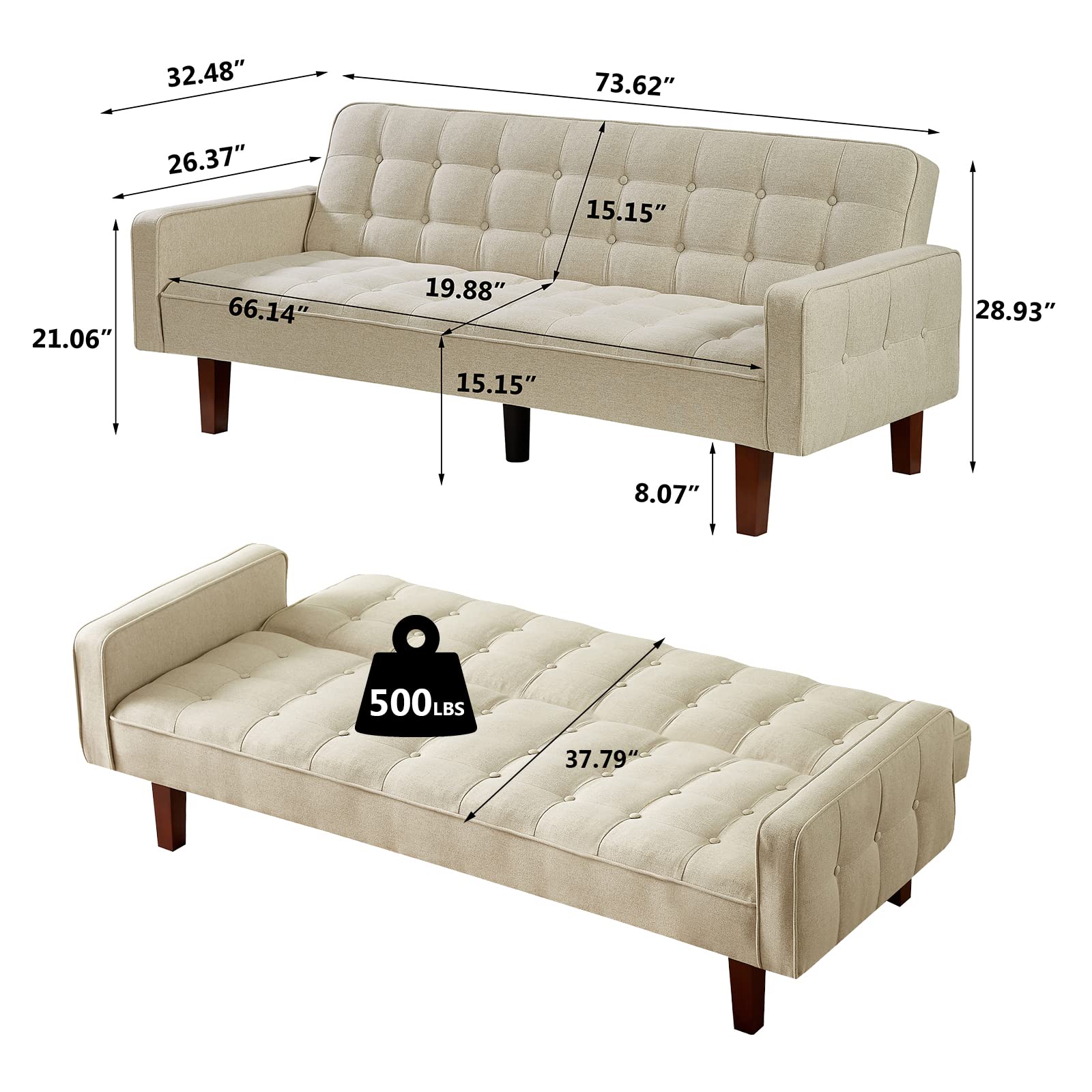 Betoko Linen Futon Sofa Couch 73.6" Fabric Upholstered Convertible Sofa Bed Minimalist Button Tufted Small 3 Seater Sleeper Futon Couch Set for Living Room Bedroom (Beige)