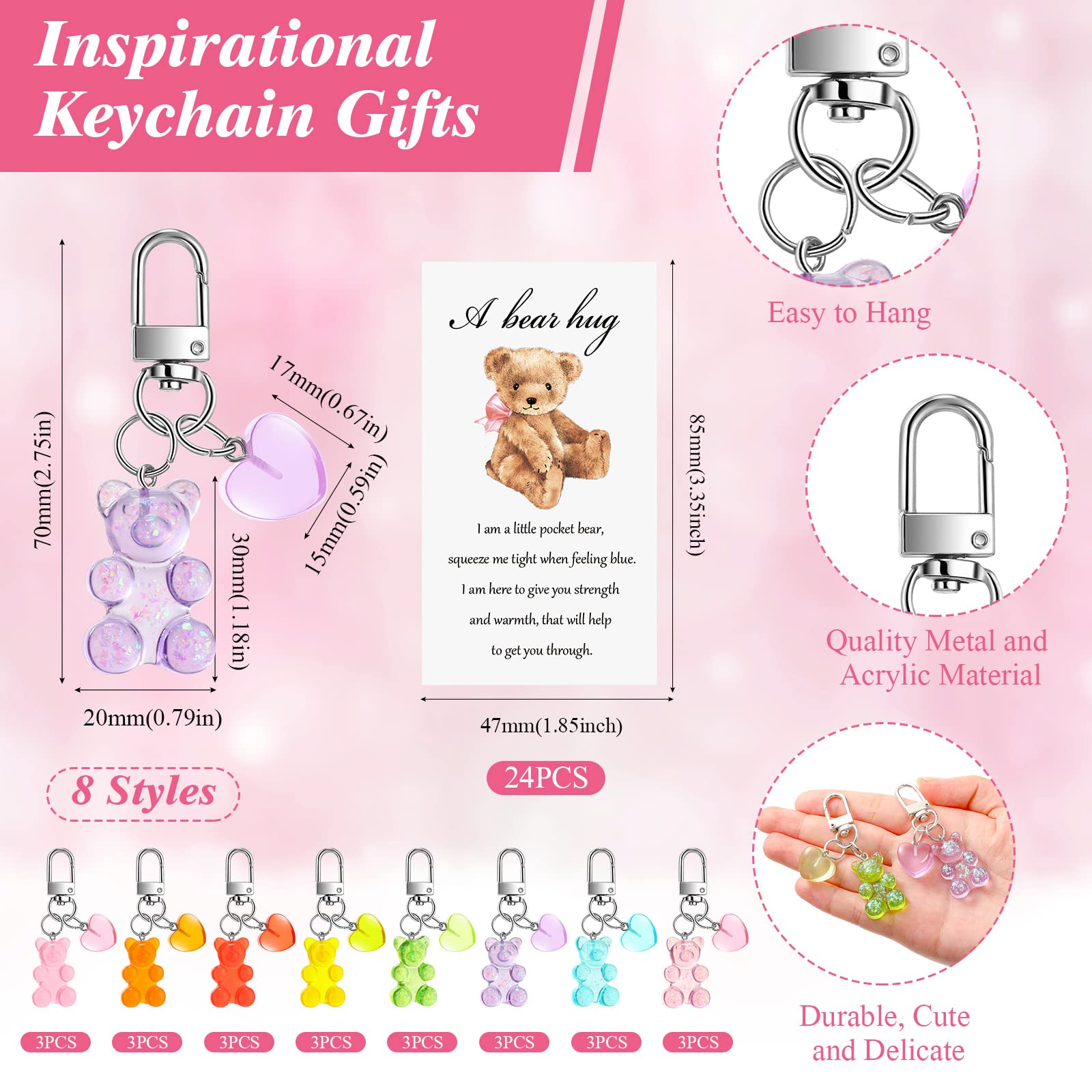 HyDren 24 Sets Cute Bear Keychains Gift Bear Cards Acrylic Bears Keyrings Classroom Gifts for Students Girl Boy Bear Baby Shower Keychains School Inspirational Reward Gift Bear Themed