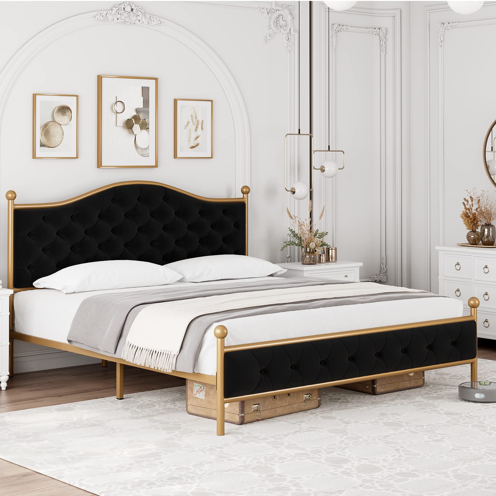 HIFIT Luxury Queen Size Platform Bed Frame with Elegant Button Tufted Curved Headboard, Velvet Upholstered Bed Frame with No Noise, Heavy Duty Metal Frame Foundation, No Box Spring Needed, Gold-Black