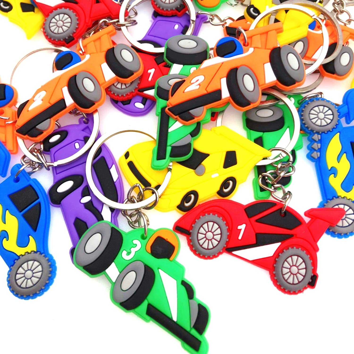 JZK 30 Pcs car keyring set for kids, silicone race car keychains for children birthday party favours, kids party bag fillers, kids party thankyou gift