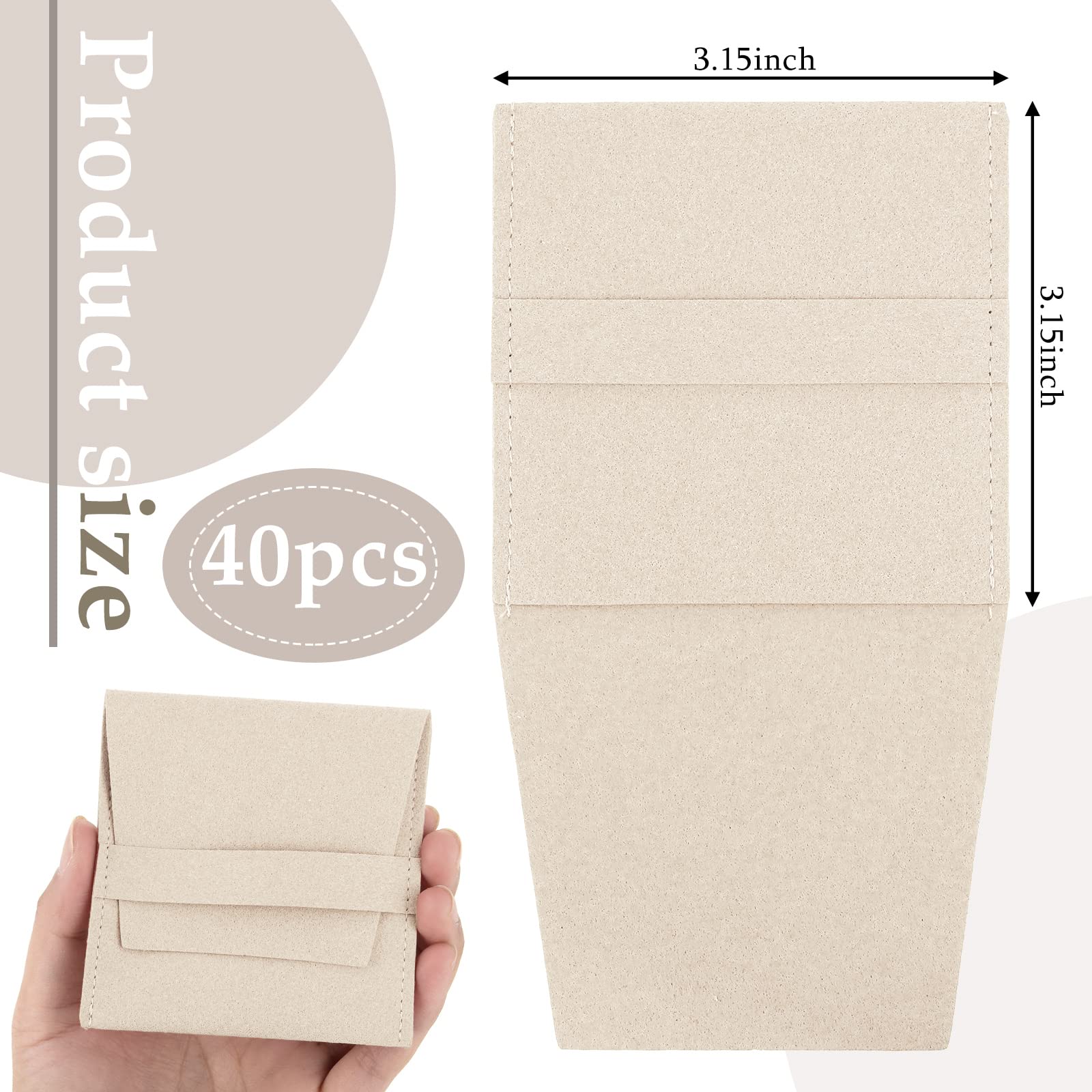 40 Pcs Microfiber Jewelry Pouch with Band 8 x 8 cm, Jewelry Packaging Bag Luxury Small Jewelry Gift Bags Microfiber Bag for Bracelet Necklace Packaging (Khaki)