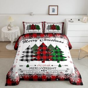 manfei xmas tree comforter set king size, merry christmas quilt set with 2 pillowcases, new year theme plaid print bedding set 3pcs for kids boys girls bedroom decor