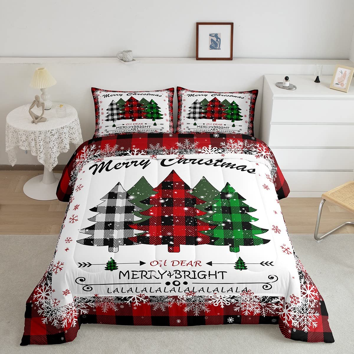 Manfei Xmas Tree Comforter Set King Size, Merry Christmas Quilt Set with 2 Pillowcases, New Year Theme Plaid Print Bedding Set 3pcs for Kids Boys Girls Bedroom Decor