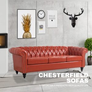 KUVENQIW Modern Orange Chesterfield Sofa Button Tufted Faux Leather Couches for Living Room Classic Bedroom Office Apartment (Orange)