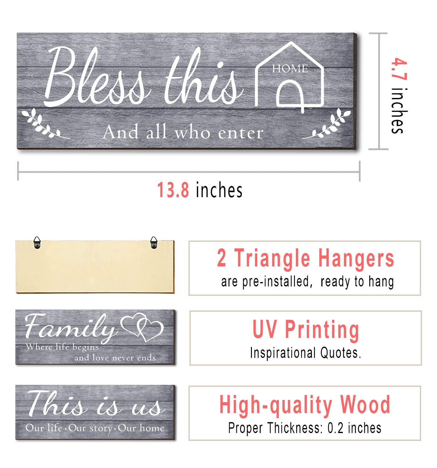 Joyhawk 4 Pieces Wall Decor Signs, THIS IS US, TOGETHER, BLESS THIS HOME, FAMILY Rustic Wooden Farmhouse Wall Art Décor For Living Room Bedroom Kitchen, , 4.7 x 13.8 Inch(Grey)