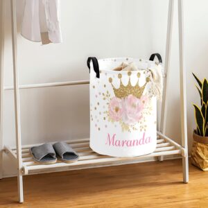 Personalized Freestanding Laundry Hamper, Custom Waterproof Collapsible Drawstring Basket Storage Bins with Handle for Clothes Crown Pink