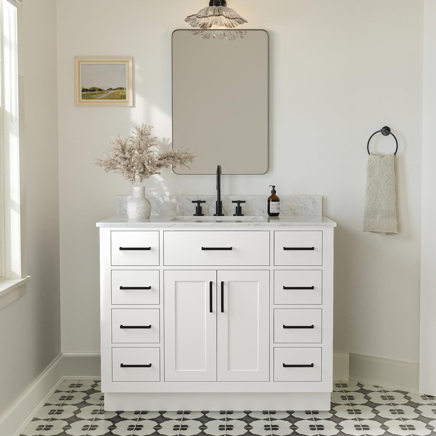 ARIEL Hepburn 43 Inch Single Sink Bathroom Vanity in White, Italian Carrara Marble Top, Solid Wood, Rectangular Sink, 2 Soft Closing Doors, 9 Full Extension Dovetail Drawers, Toe Kick