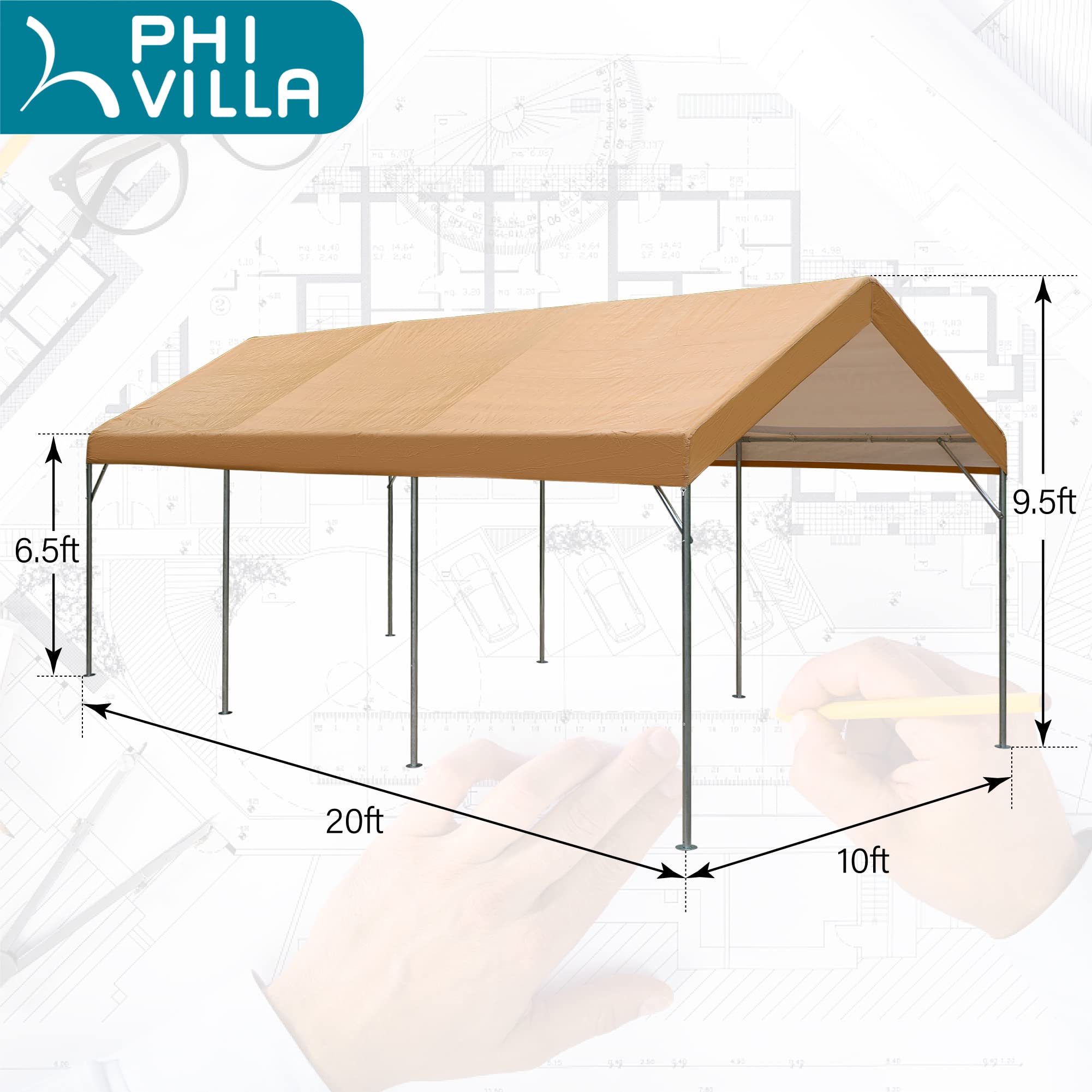 PHI VILLA 10x20 ft Heavy Duty Carport Car Canopy Garage Boat Shelter Party Tent（ith 4 Sand Bag）,Beige