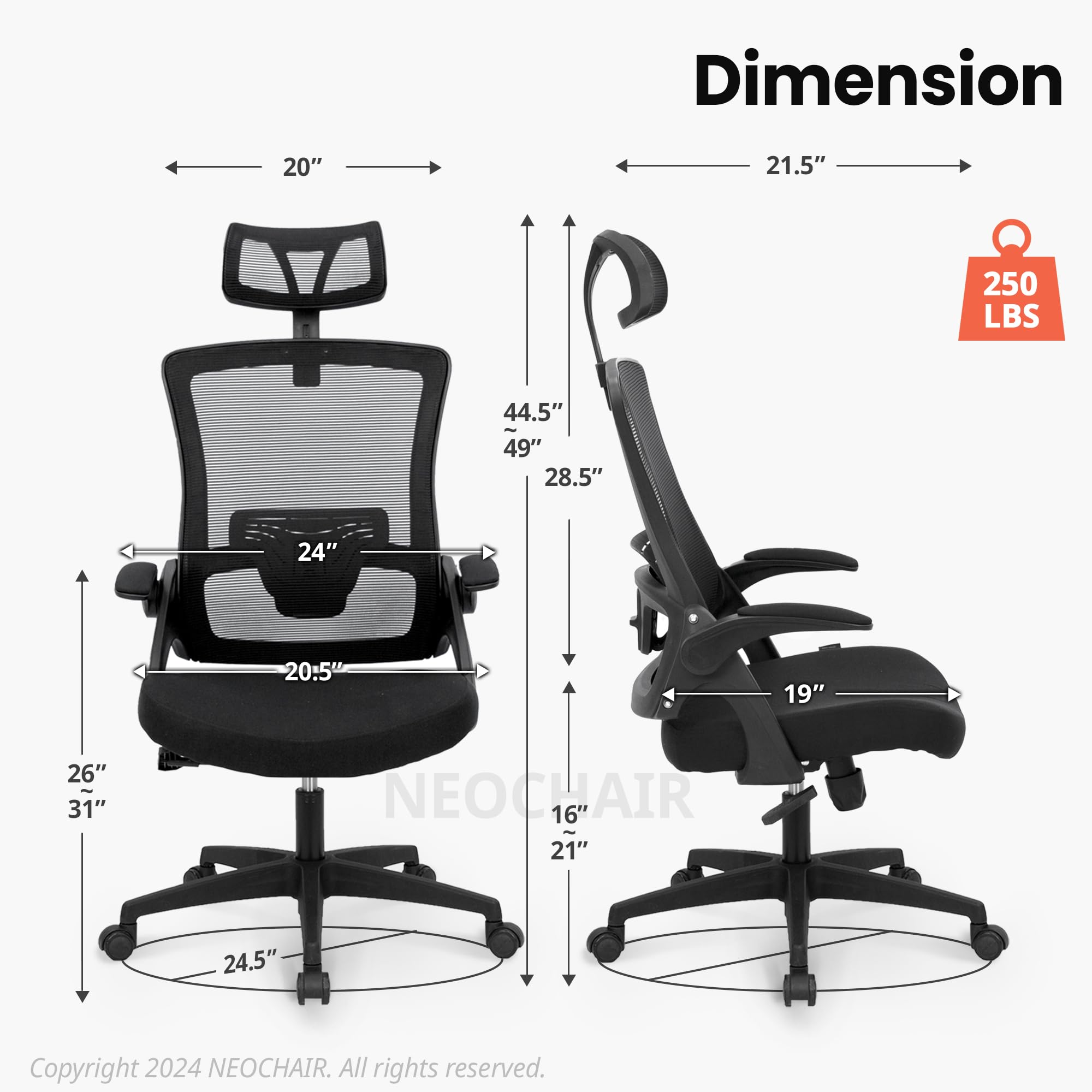 NEO CHAIR Office High Back Mesh Headrest Adjustable Height and Ergonomic Design Home Office Computer Desk Executive Lumbar Support Padded Flip-up Armrest Swivel Chair (Black)