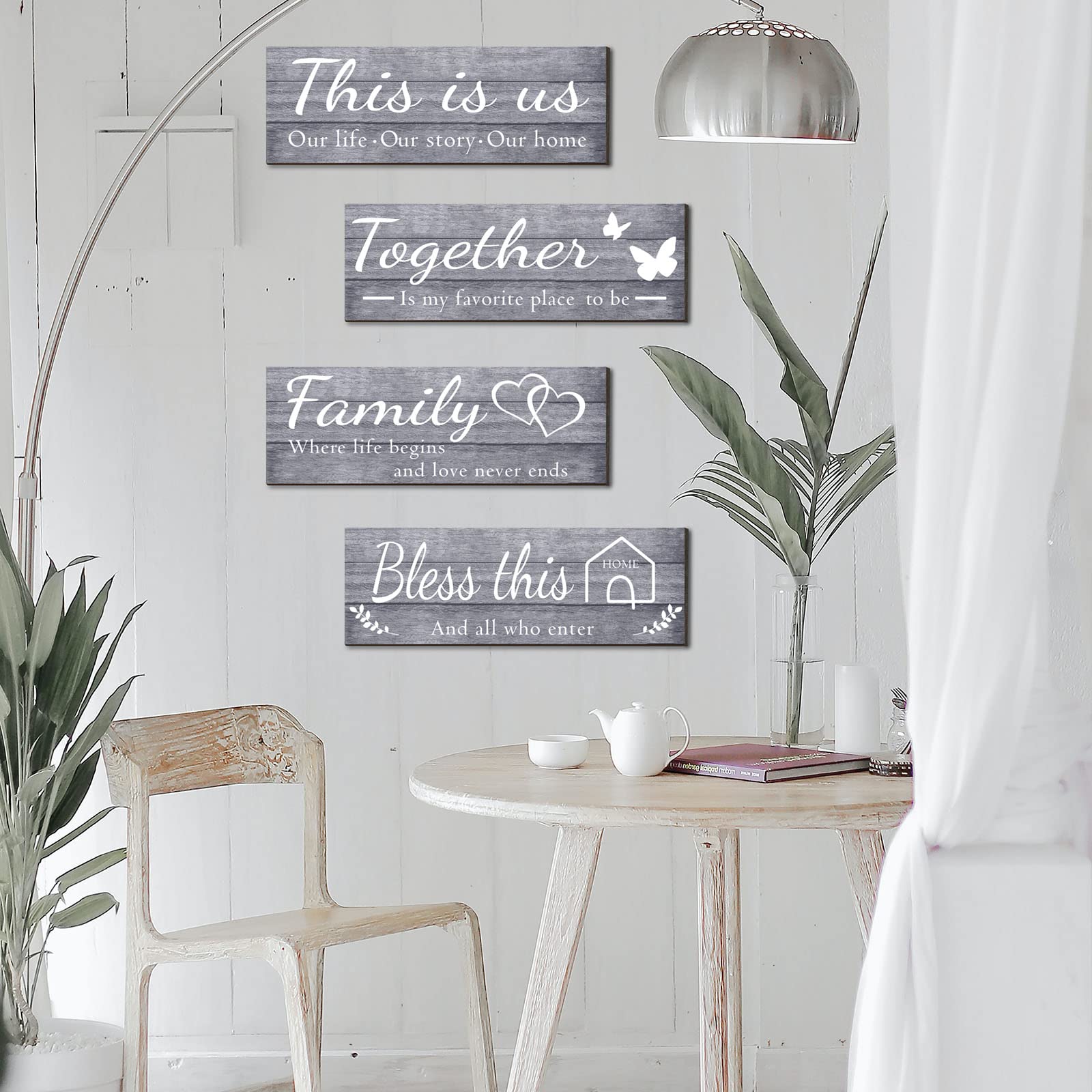 Joyhawk 4 Pieces Wall Decor Signs, THIS IS US, TOGETHER, BLESS THIS HOME, FAMILY Rustic Wooden Farmhouse Wall Art Décor For Living Room Bedroom Kitchen, , 4.7 x 13.8 Inch(Grey)