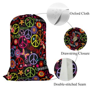 Swono Hippie Peace Symbol XL Laundry Bags, Drawstring Closure Dirty Clothes Bag Organizer, Heavy Duty Laundry Bag, Mushrooms Paisley Flowers Bags for Camp Travel, Machine Washable 28"x40", Colorful