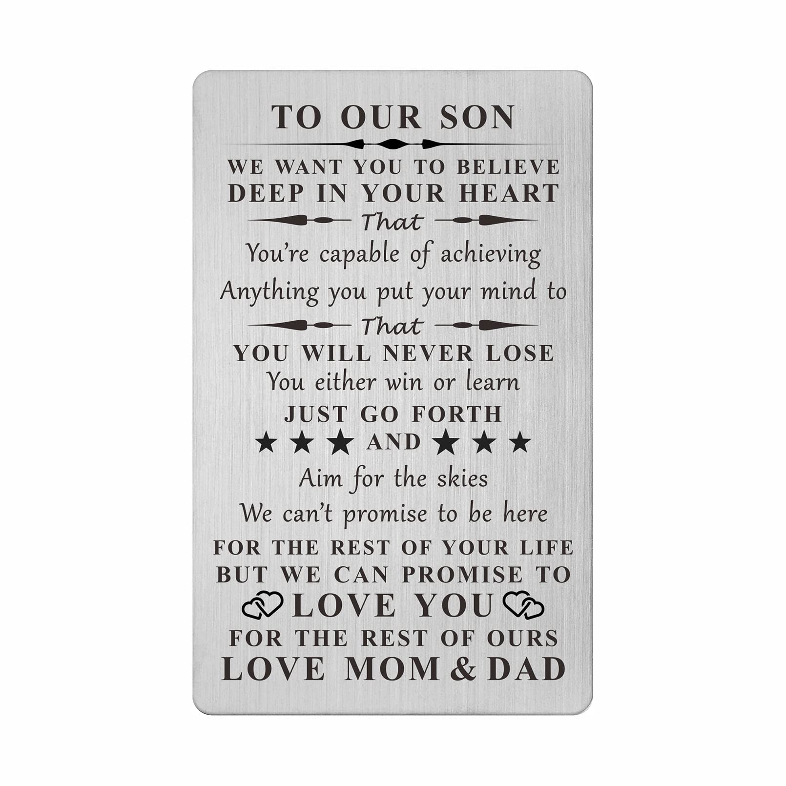 TGCNQ Gifts for Son - Son Steel Engraved Card - Son Inspirational Gifts from Mom Dad - Son Birthday Graduation Christmas Gifts from Parents