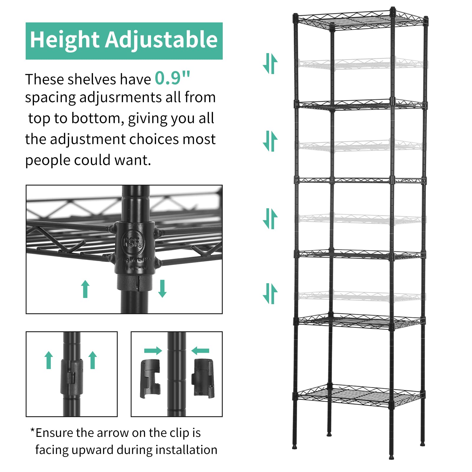 XXkseh 6 Tier Metal Shelf, Heavy Duty Garage Storage Rack, 100lbs Capacity per Shelf, Adjustable Wire Shelves, Black, Floor Mount, 16.7" L x 11.8" W x 63" H