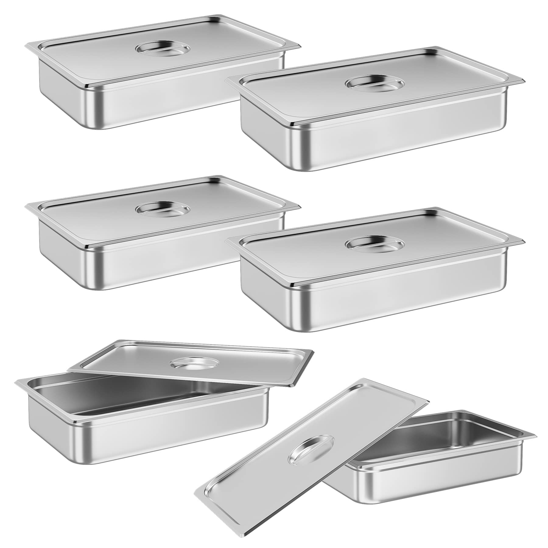 RIEDHOFF 6 Pack Full Size Hotel Pan, [NSF Certified][with Lid] Commercial Stainless Steel 4 Inch Deep Anti-Jamming Steam Table Pan