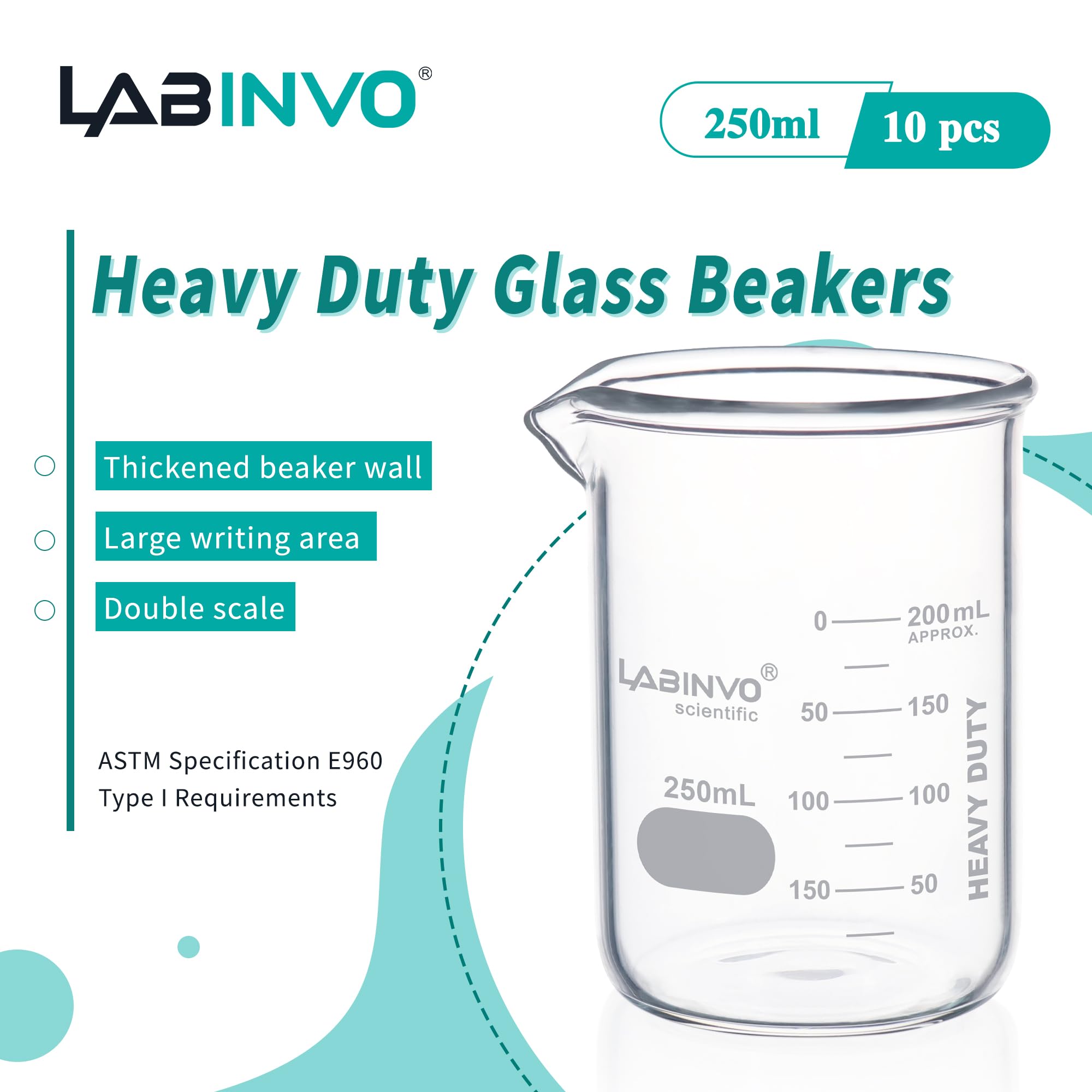 LABINVO Heavy-Duty Glass Beaker Set, 10pcs of Vol.250ml, 3.3 Borosilicate Glass, Thickened Beakers, with Double Scale, IN-HBK250B