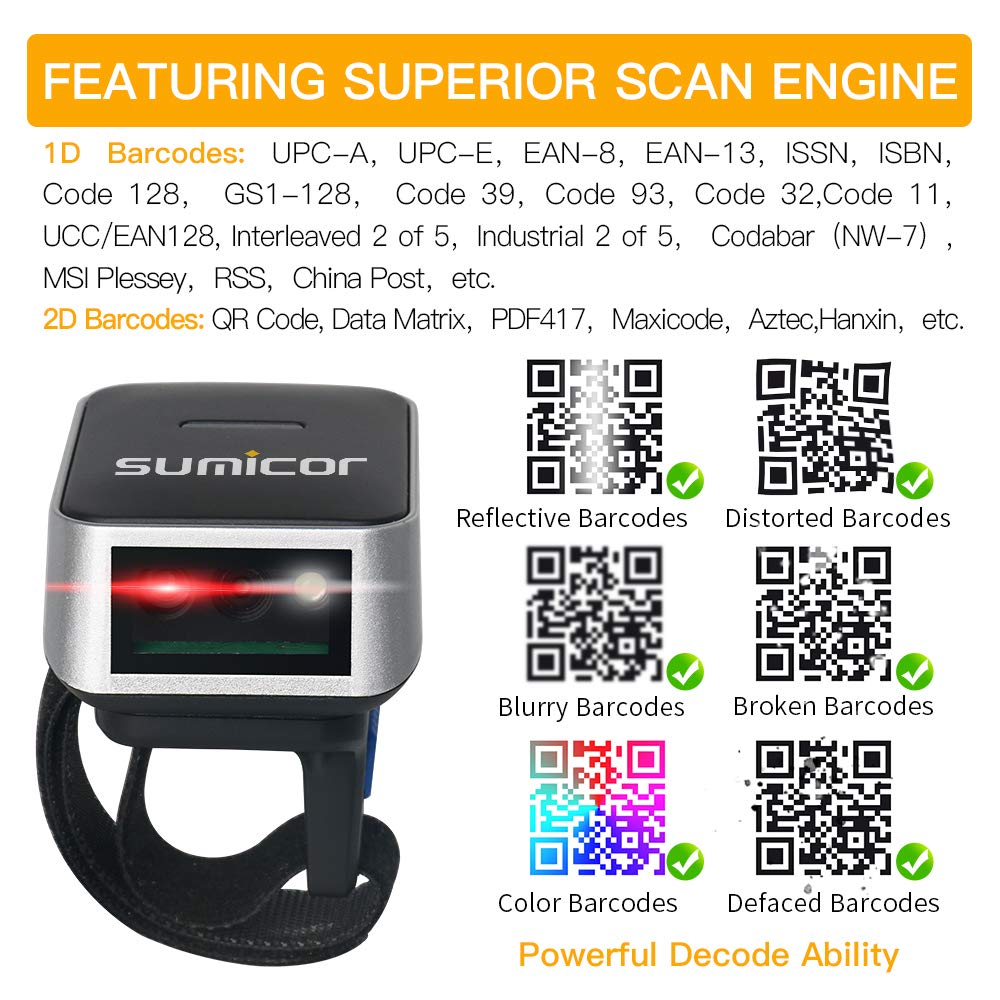 Bluetooth Ring Barcode Scanner, Sumicor Wearable Finger Bar Code Reader Portable Mnin Barcode 3-in-1 Bluetooth & 2.4Ghz Wireless & USB Work with iOS Android Windows Linux Mac OS