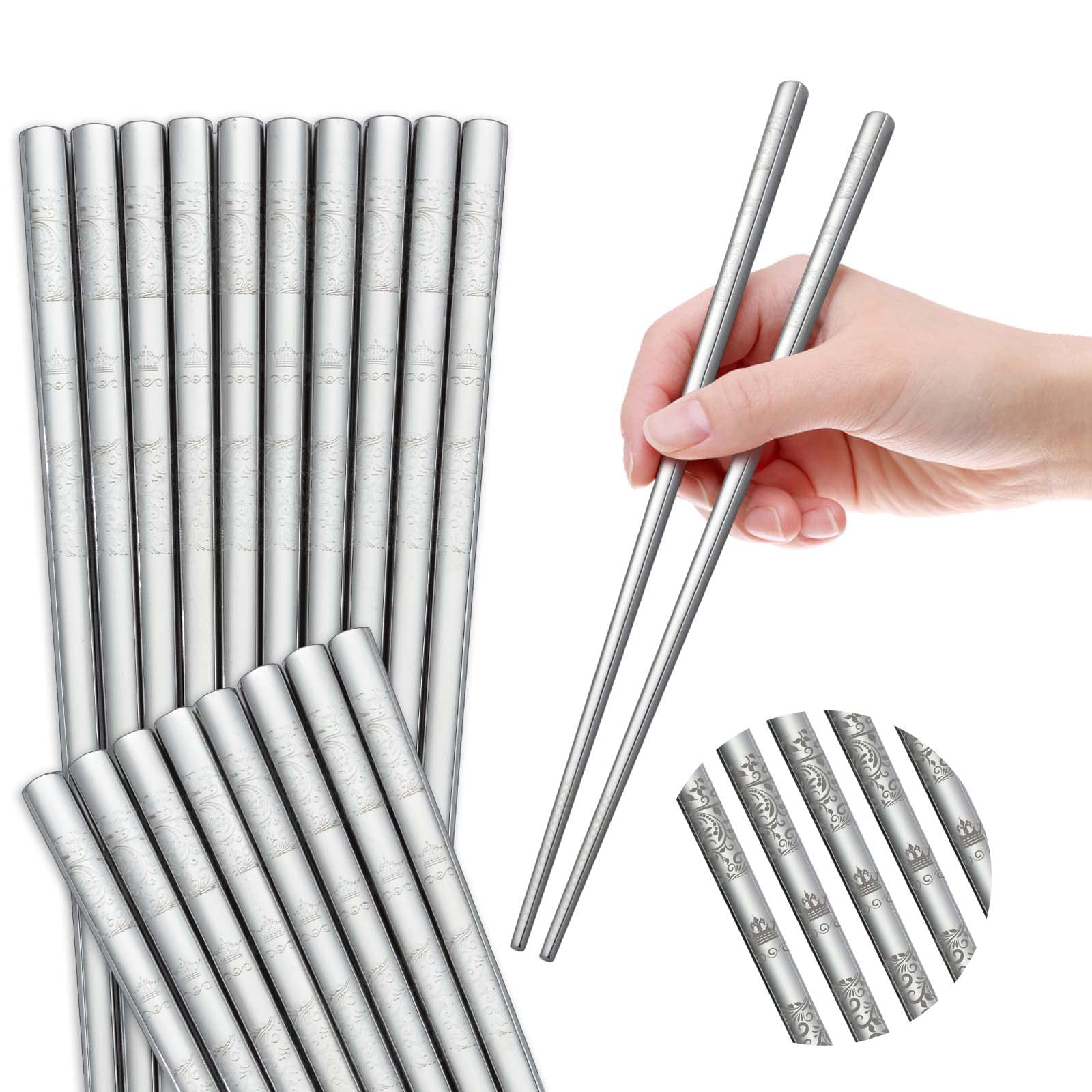 10 Pairs Chopsticks Reusable, Bestdin Metal Chopsticks Reusable with Unique Laser Engraving Pattern, 9.2 Inch Stainless Steel Chop Sticks for Asian Food, Square Non-Slip ChopSticks, Dishwasher Safe