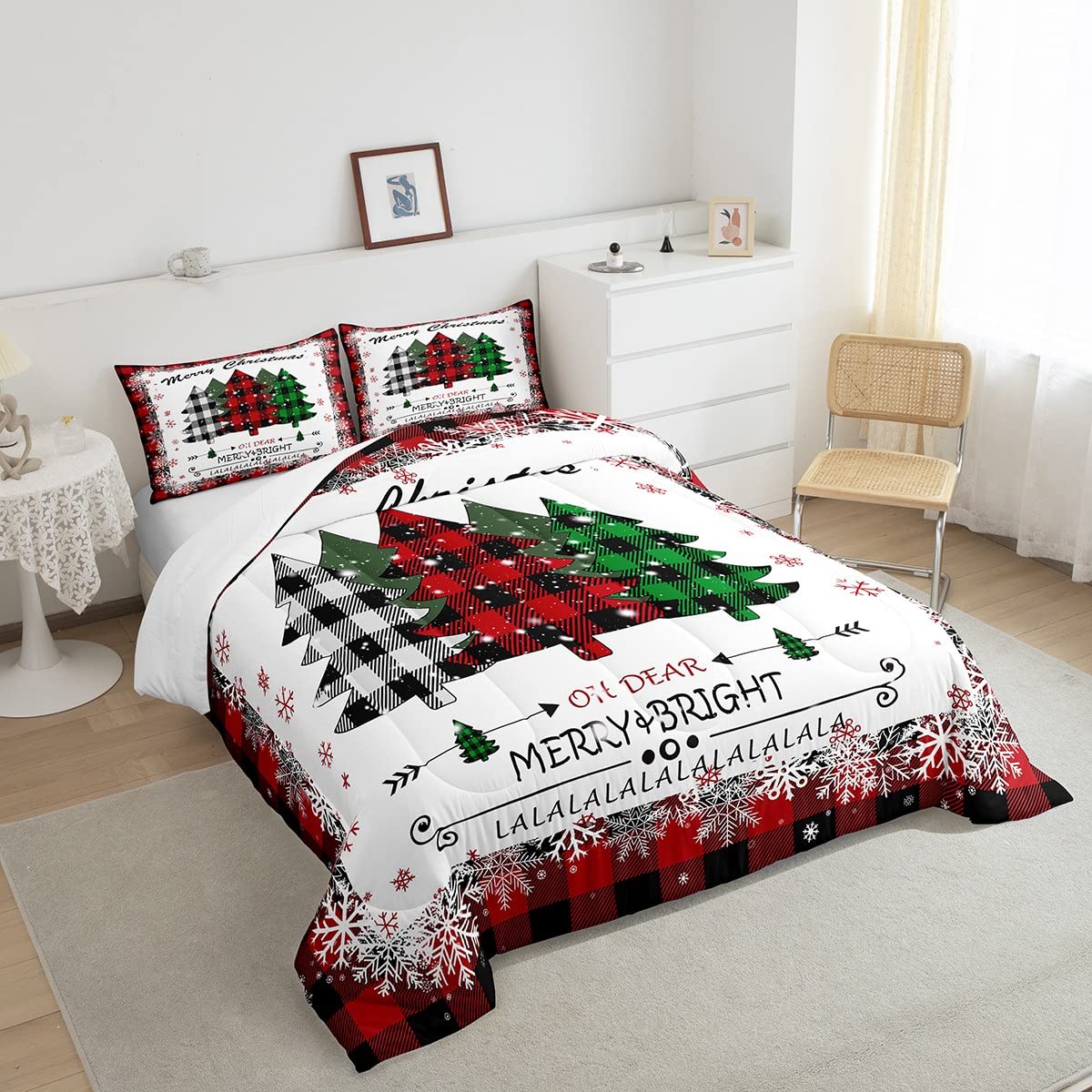 Manfei Xmas Tree Comforter Set King Size, Merry Christmas Quilt Set with 2 Pillowcases, New Year Theme Plaid Print Bedding Set 3pcs for Kids Boys Girls Bedroom Decor