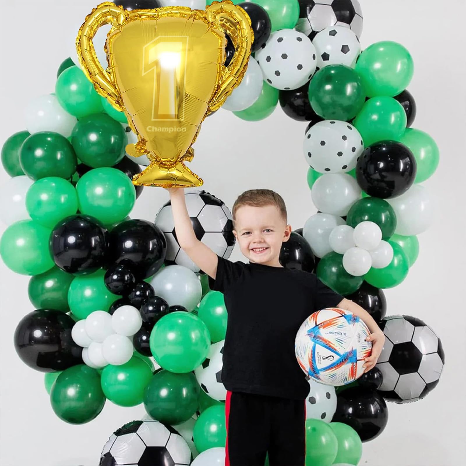 Soccer Balloon Arch Kit Boys, Green Balloon Arch Kit with Football Trophy Balloons Dark Green Black White Latex Balloons Metallic Silver Balloons for Baby Shower Birthday Soccer Party Decorations