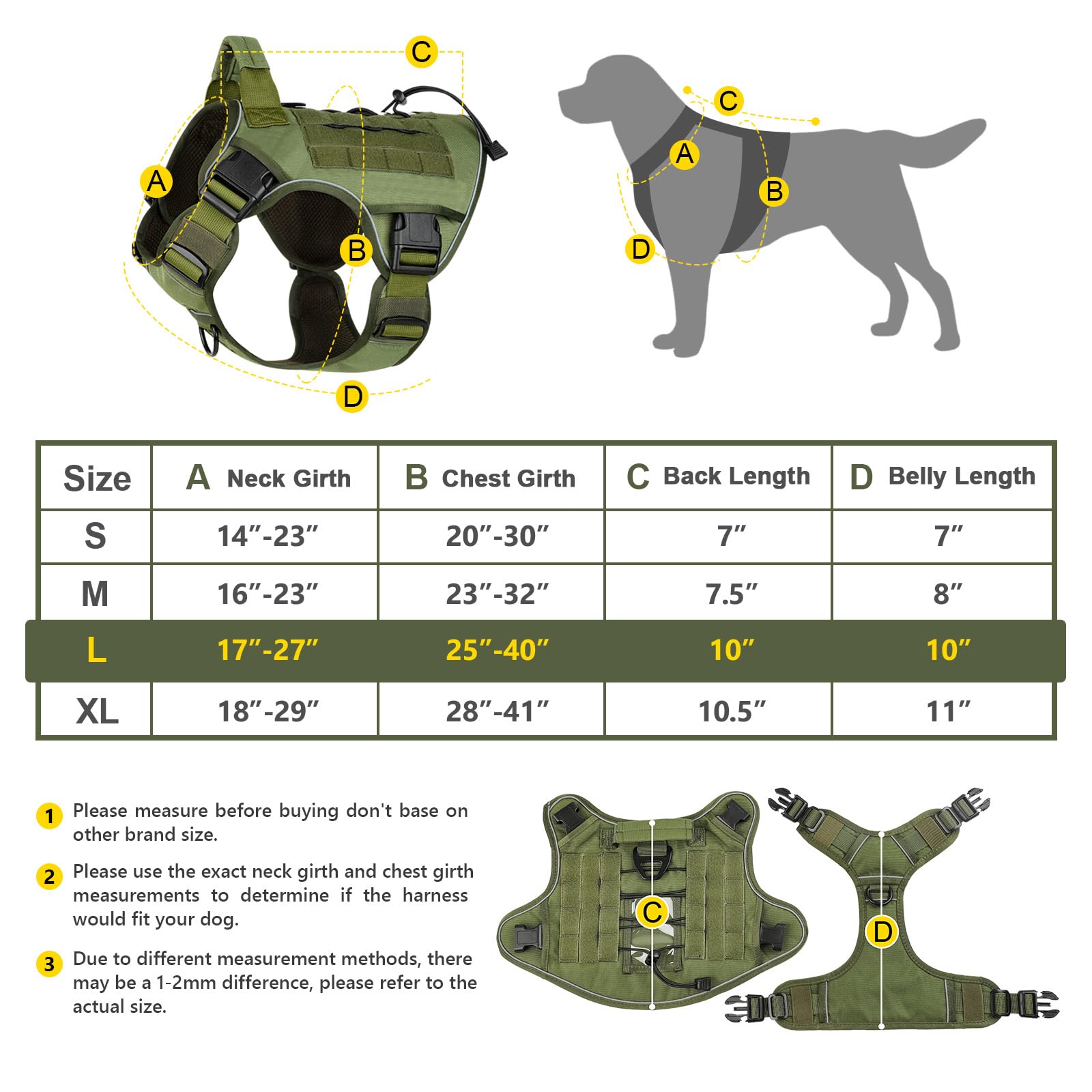 WINGOIN Tactical Dog Harness for Large Dogs, Heavy Duty No Pull Dog Harness with Handle, Adjustable Reflective Military K9 German Shepherd Big Size Dog Vest for Training, Walking, Hiking, Green (L)