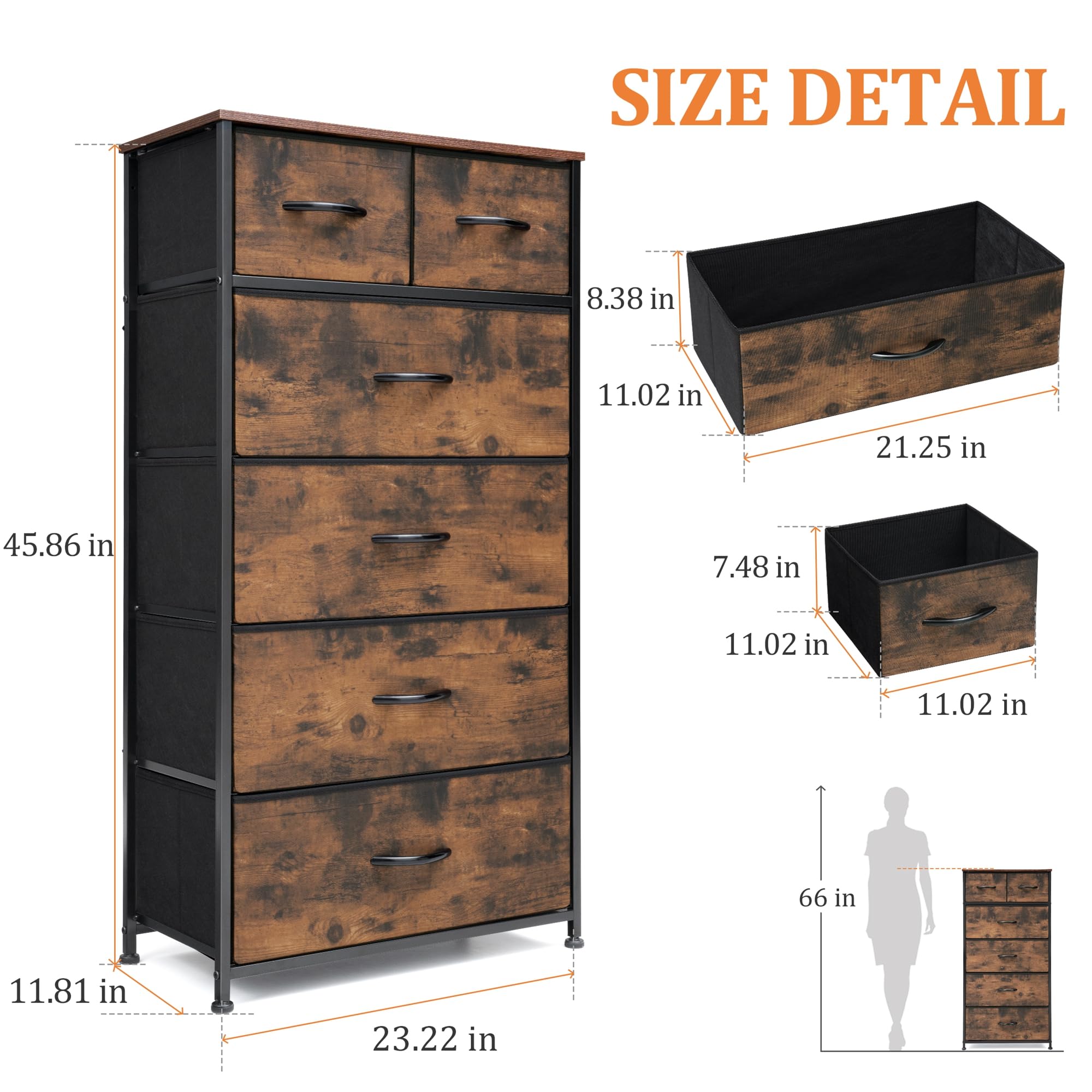 VredHom Fabric Dresser for Bedroom, Tall Skinny Dresser with 6 Drawers, Storage Organizer Tower, Steel Frame Wooden Top for Closet, Living Room, Hallway(Rustic Brown)