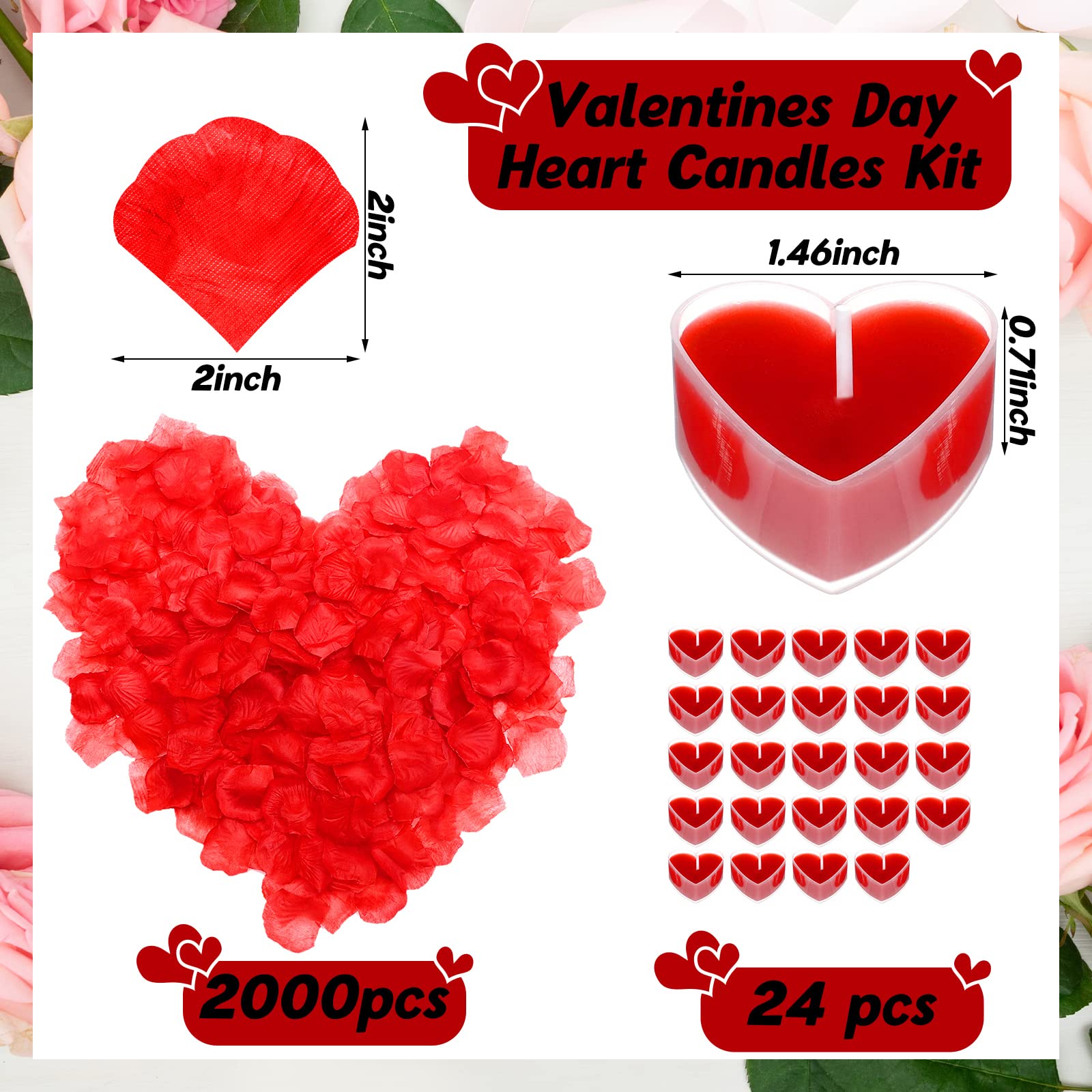 Giegxin 24 Pcs Heart Tealight Candles with 2000 Pcs Rose Petals for Romantic Night for Her Set Red Heart Candles for Valentine's Day Decorations Home Party Gift