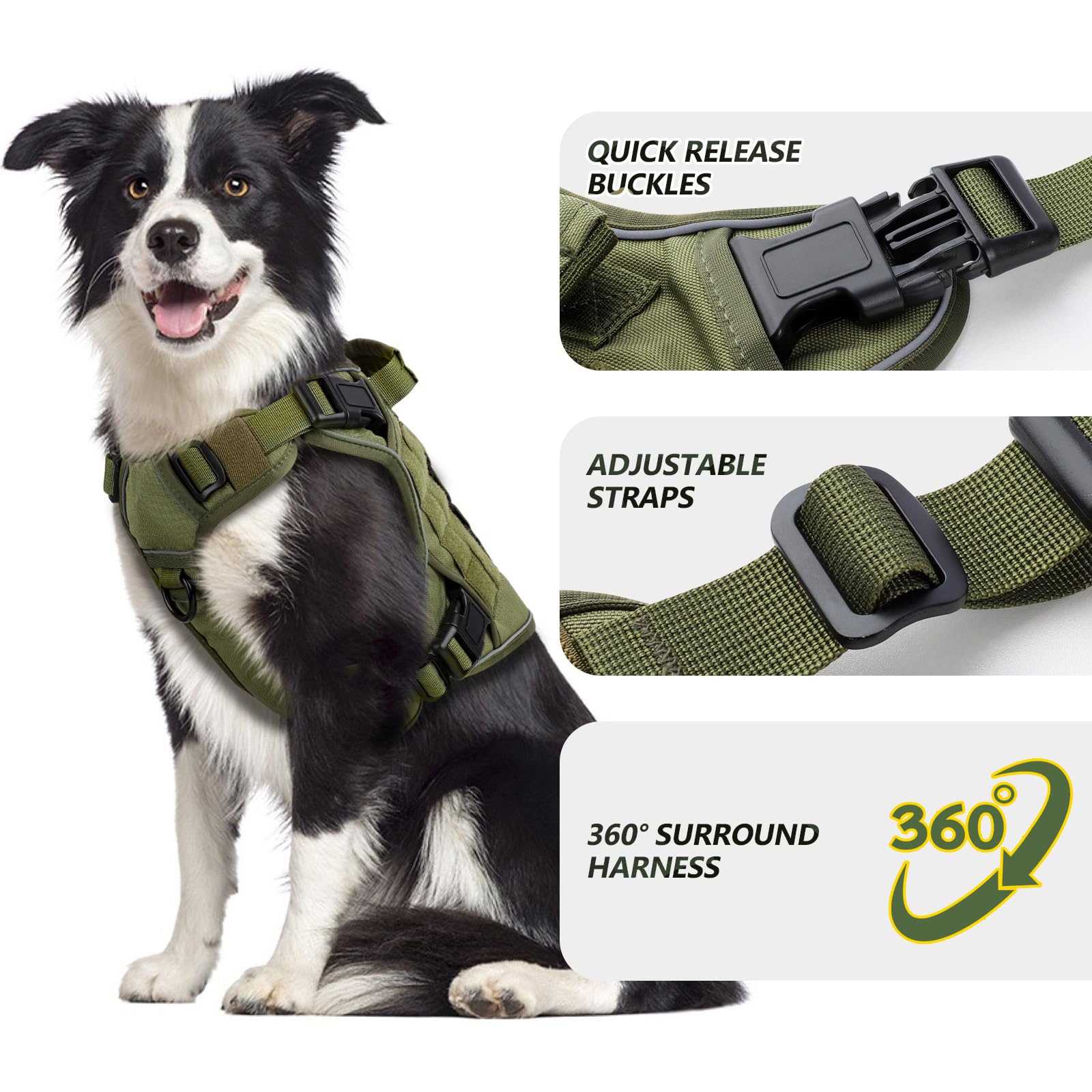 WINGOIN Tactical Dog Harness for Large Dogs, Heavy Duty No Pull Dog Harness with Handle, Adjustable Reflective Military K9 German Shepherd Big Size Dog Vest for Training, Walking, Hiking, Green (L)