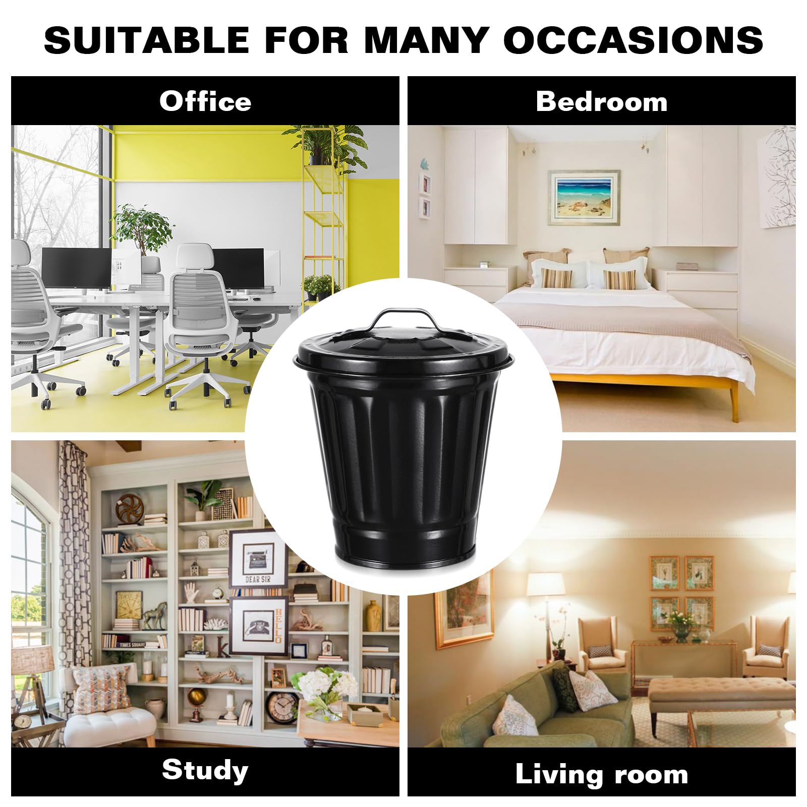 Mini Trash Can With Lid, Countertop Metal Waste Basket Recycling Bin, Waste Bin for Office Car Bedroom, Multi-Purpose Flower Pots, Pen Holders, Black