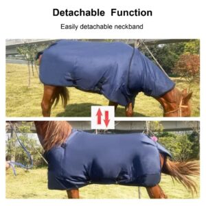 Waterproof Horse Turnout Blanket，Medium Weight Winter HorseTurnout Blanket (220g Fill) with Detachable Neck Cover，Blanket for Horse - Blue - 72 in