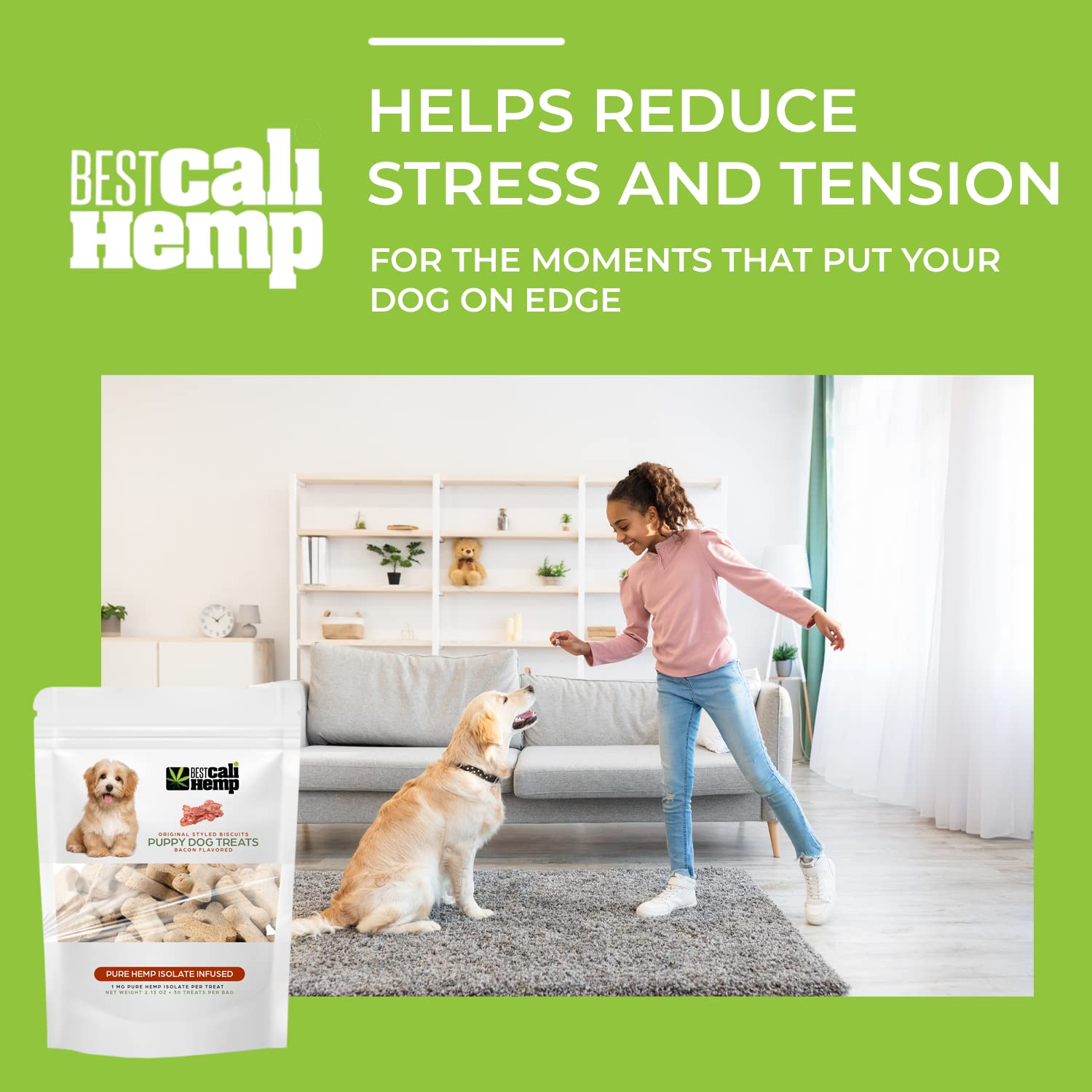 Best Cali Hemp Puppy Treats Calming Chews for Dogs Anxiety with Vitamin A, E, D3, B12 Supplement, Helps Relax, Reduce Stress, Storm Anxiety, Calming, Sleep Aid for Dogs - Bacon (30 Treats)