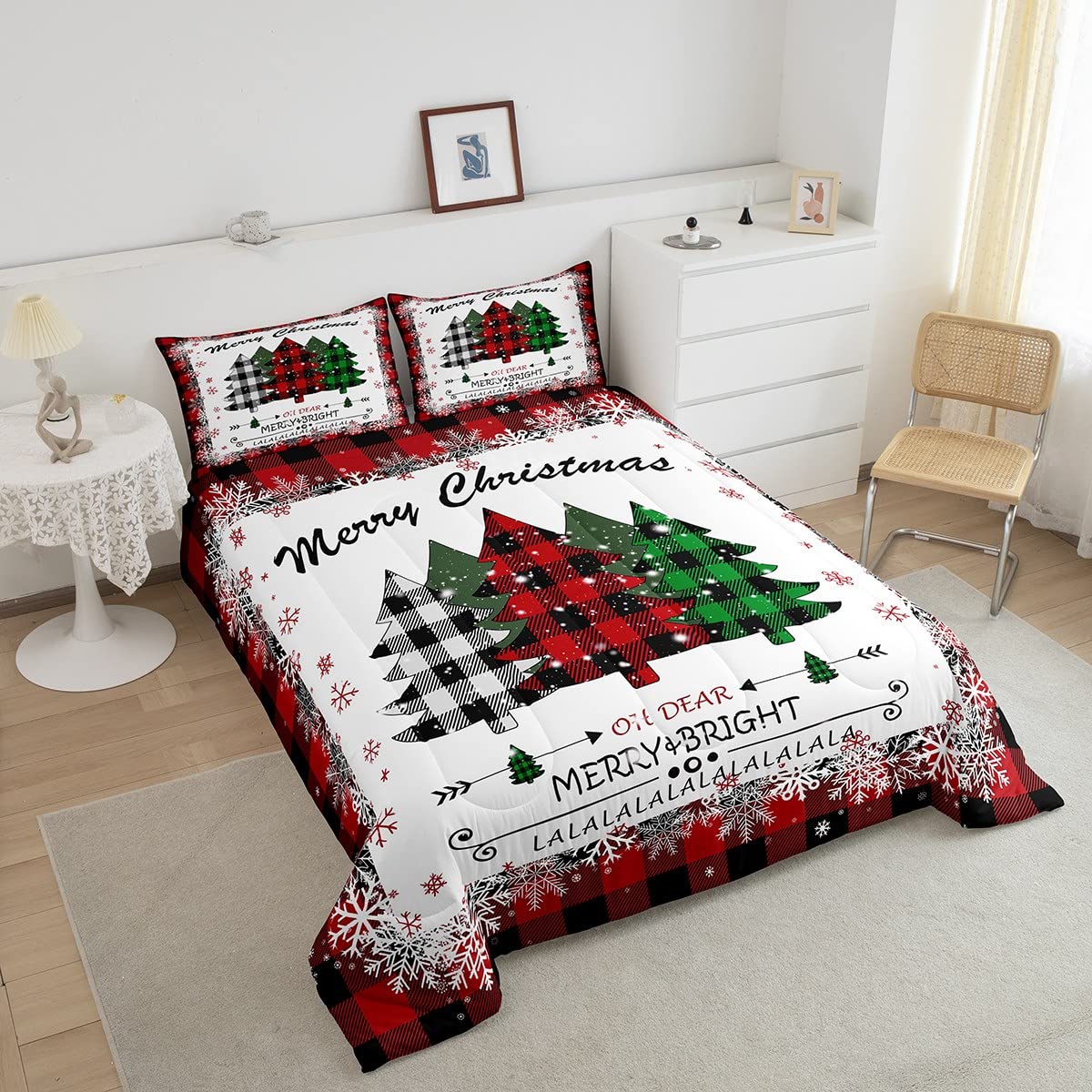 Manfei Xmas Tree Comforter Set King Size, Merry Christmas Quilt Set with 2 Pillowcases, New Year Theme Plaid Print Bedding Set 3pcs for Kids Boys Girls Bedroom Decor