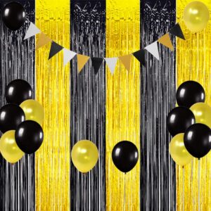 Black and Gold Fringe Fringe Backdrop, 2025 Graduation Tinsel Backdrop Gold Black Booth Streamers for New Year Birthday Wedding Disco Party Decorations (3 Pack)