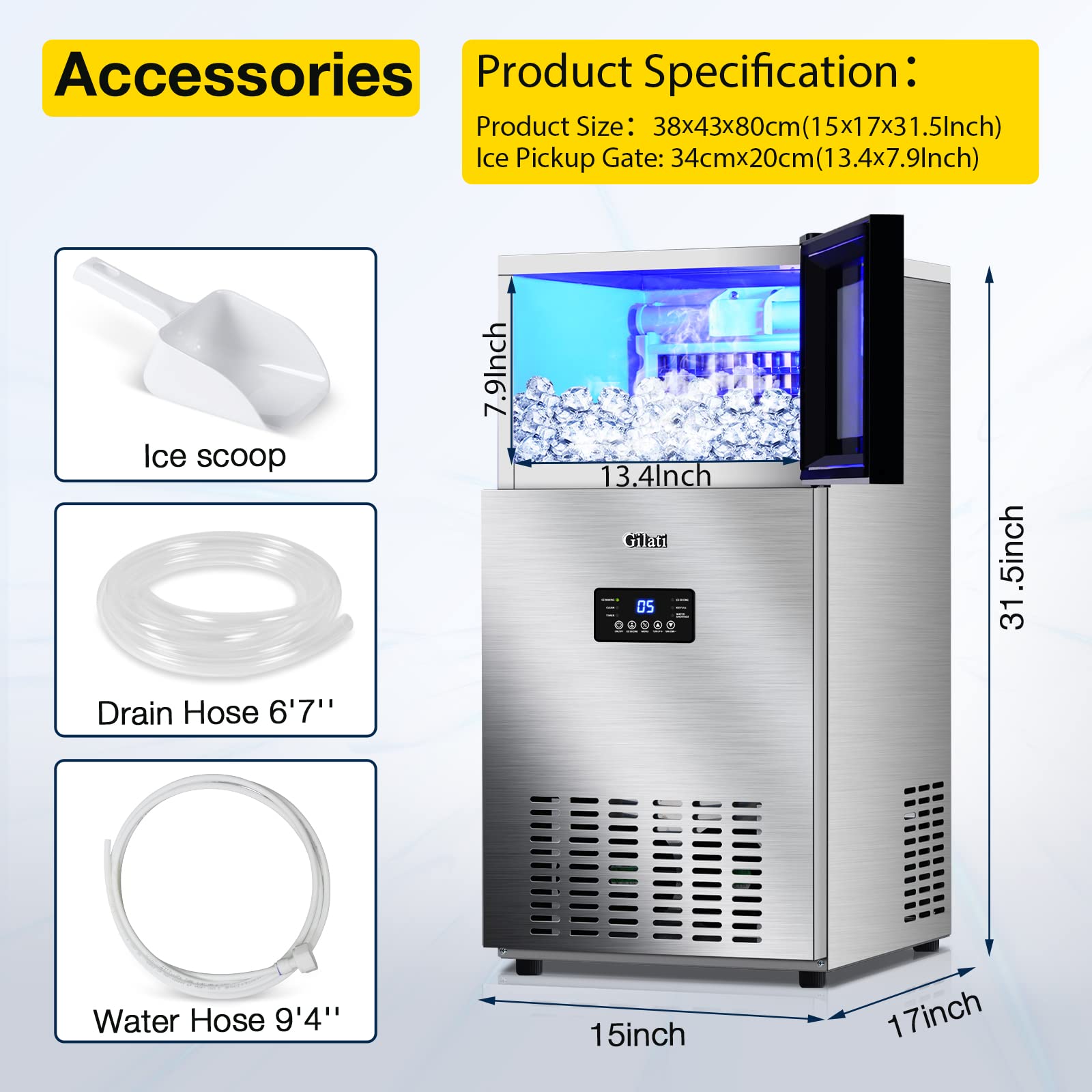 Upgraded Commercial Ice Maker Machine 130LBS/24H with 35LBS Storage Bin,15Inch Wide Ready in 11-20 Mins Under Counter/Freestanding Stainless Steel Gravity Drainage Large Ice Machine