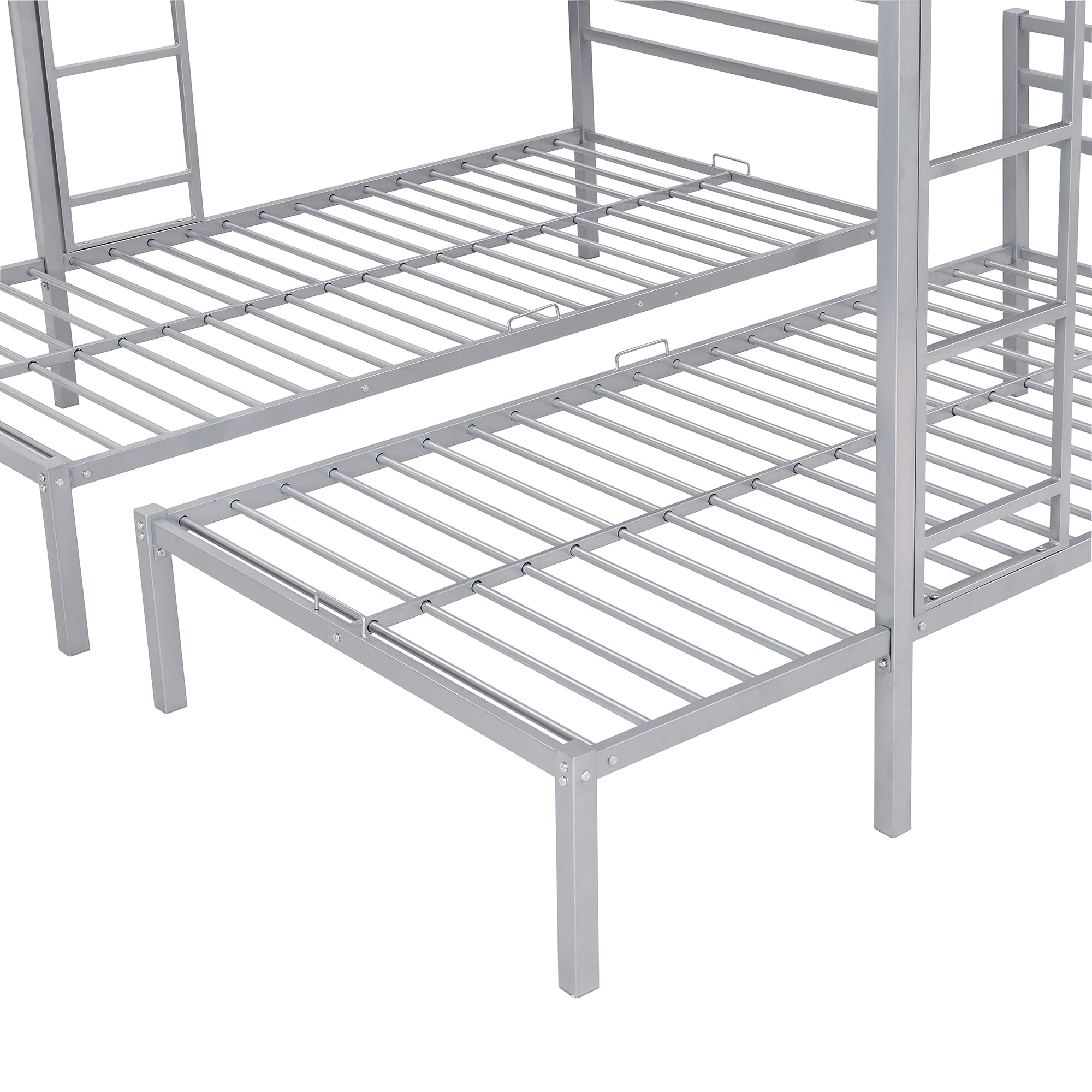 Metal Triple Bunk Bed with Built-in Shelf and Guardrails, Full Over 2 Twin Bunk Bed for Family, Kids, Teens,No Box Spring Needed