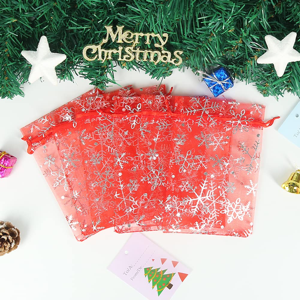 HRX Package 100pcs Snowflake Organza Bags Christmas 4x6 inch, Red Drawstring Mesh Gift Pouches for Jewelry Candy Party Favor