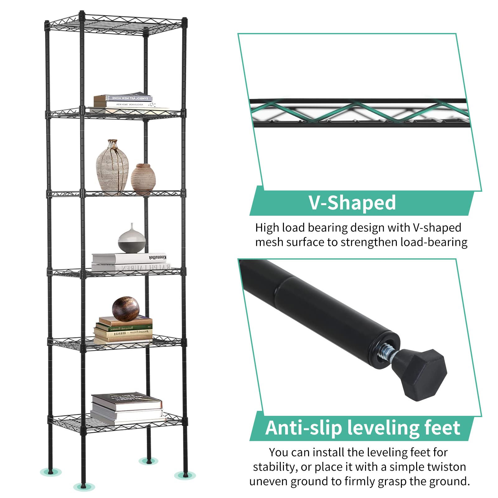 XXkseh 6 Tier Metal Shelf, Heavy Duty Garage Storage Rack, 100lbs Capacity per Shelf, Adjustable Wire Shelves, Black, Floor Mount, 16.7" L x 11.8" W x 63" H