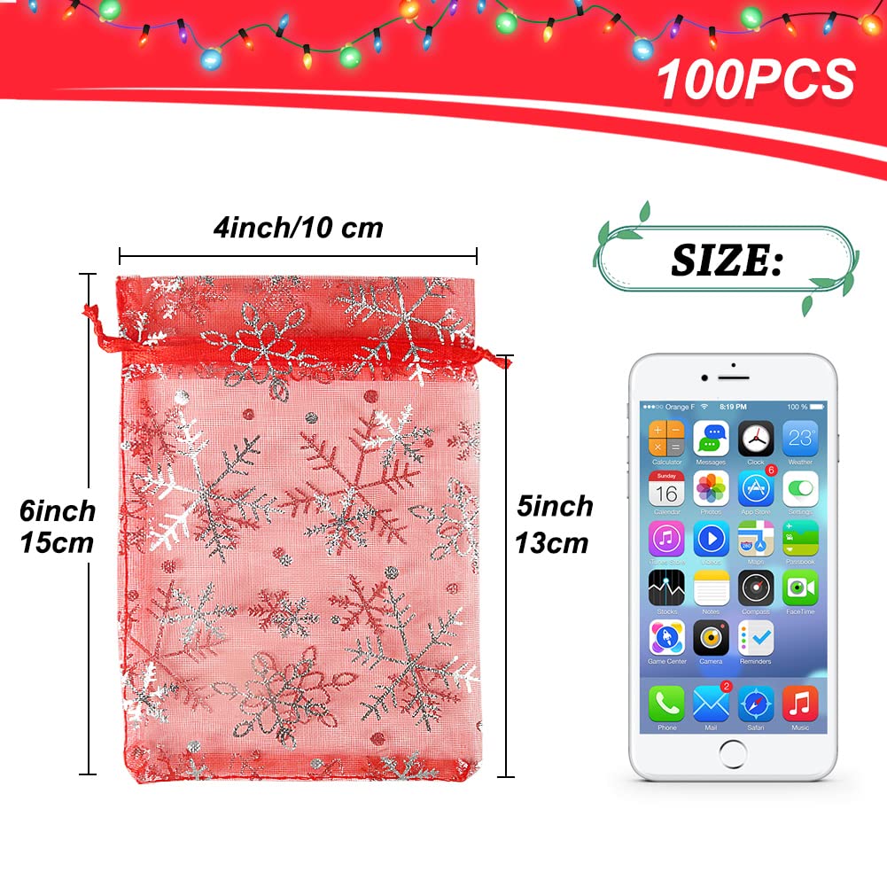 HRX Package 100pcs Snowflake Organza Bags Christmas 4x6 inch, Red Drawstring Mesh Gift Pouches for Jewelry Candy Party Favor