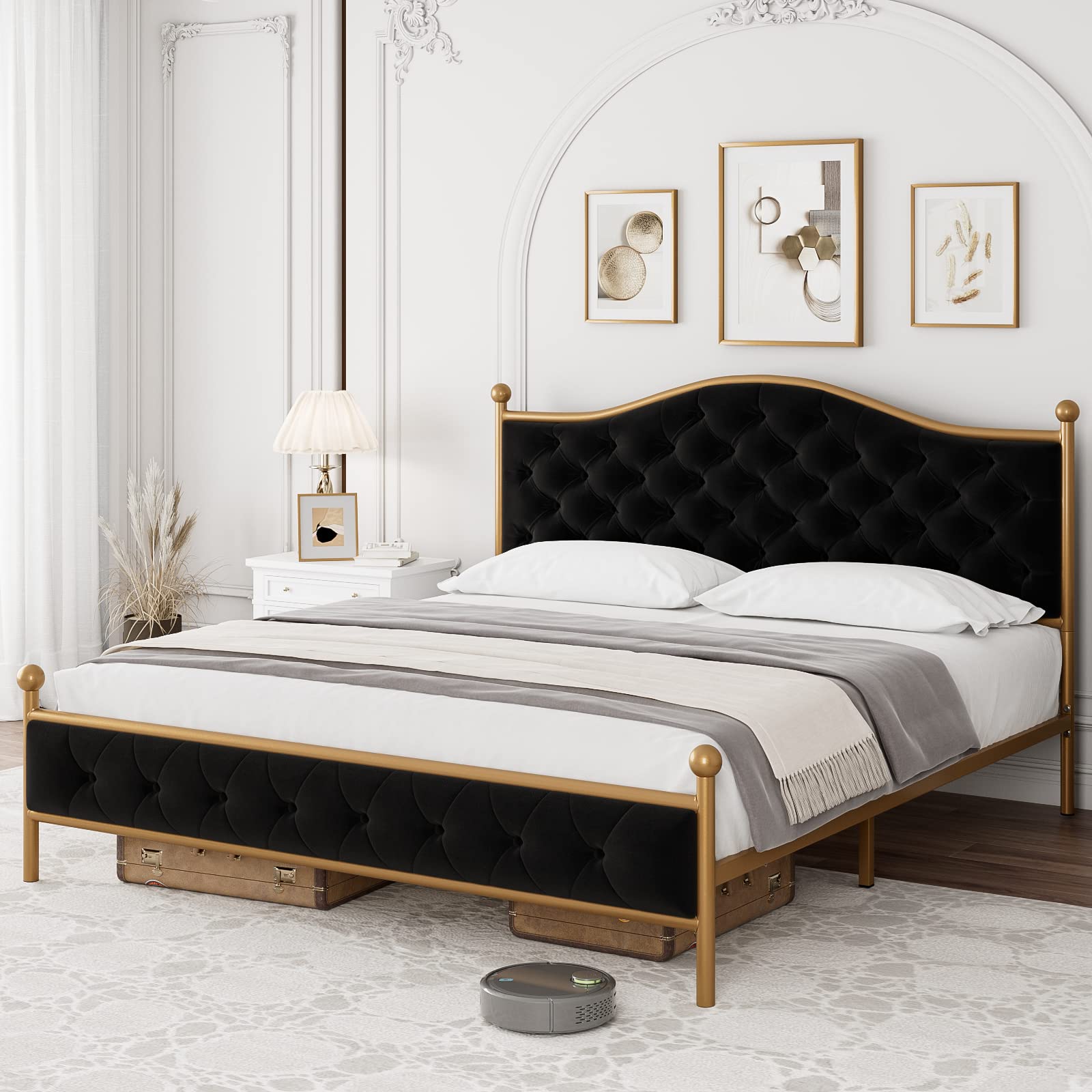 HIFIT Luxury Queen Size Platform Bed Frame with Elegant Button Tufted Curved Headboard, Velvet Upholstered Bed Frame with No Noise, Heavy Duty Metal Frame Foundation, No Box Spring Needed, Gold-Black