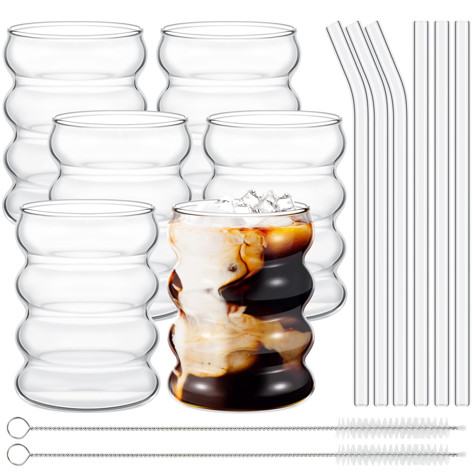 6 Pcs Creative Glass Cups Cute Ripple Shaped Vintage Drinking Glasses Ribbed Glassware Clear Aesthetic Cups Entertainment Dinnerware Glassware with Straws Set for Kitchen Coffee Juice Water Beverage