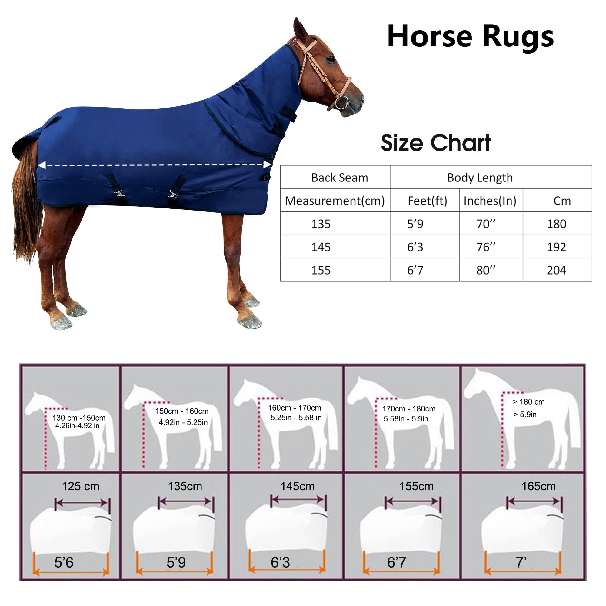 Waterproof Horse Turnout Blanket，Medium Weight Winter HorseTurnout Blanket (220g Fill) with Detachable Neck Cover，Blanket for Horse - Blue - 72 in