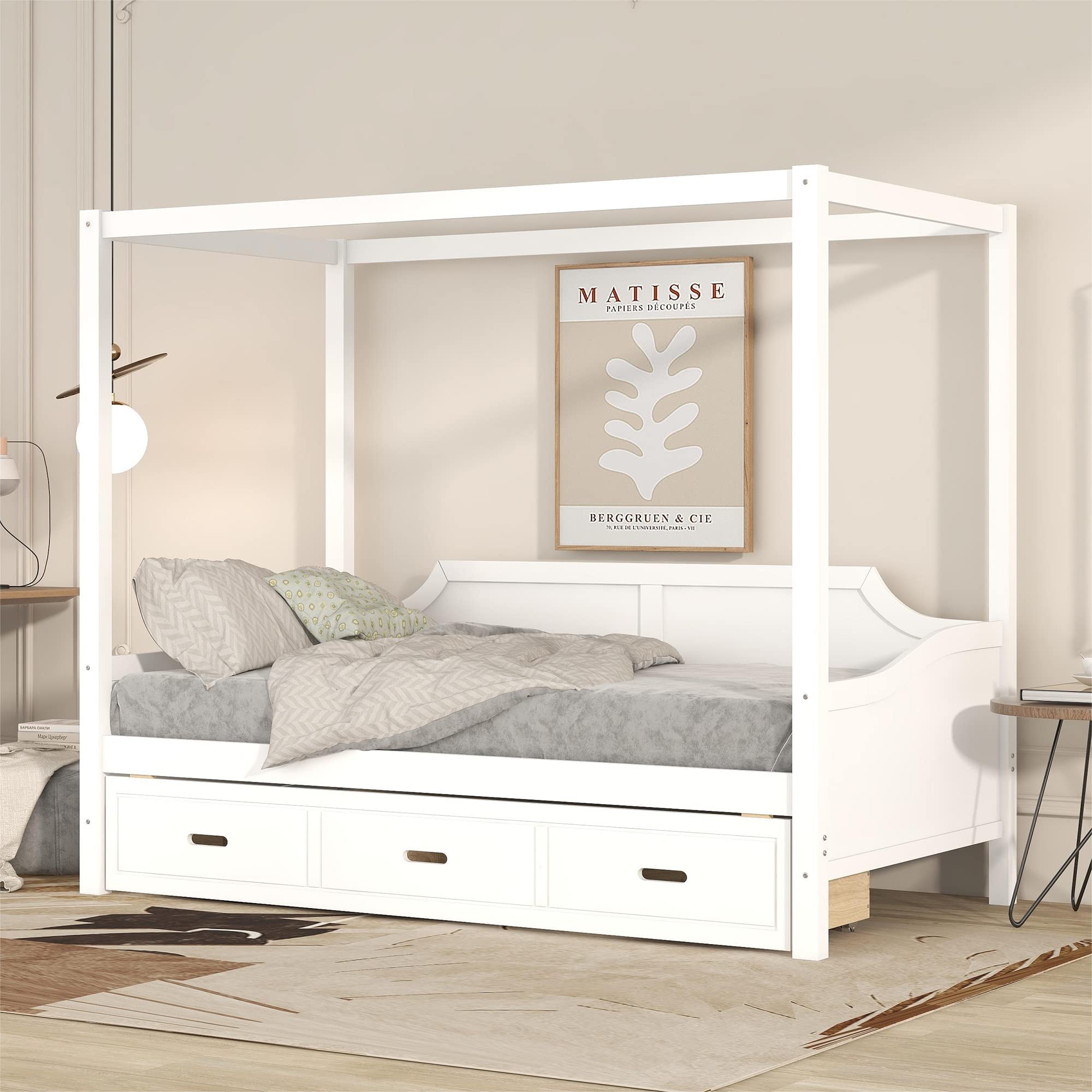 Bellemave Twin Canopy Beds Wood Daybed with Storage Drawer Modern 4-Poster Beds Twin Size for Kids Boys Girls Teens, White