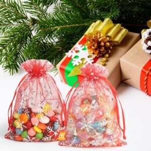 HRX Package 100pcs Snowflake Organza Bags Christmas 4x6 inch, Red Drawstring Mesh Gift Pouches for Jewelry Candy Party Favor