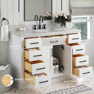 ARIEL Hepburn Bathroom Vanity Base Cabinet 48" White, Single Sink Configuration, 2 Soft Closing Doors, 9 Full Extension Dovetail Drawers, Toe Kick, Matte Black