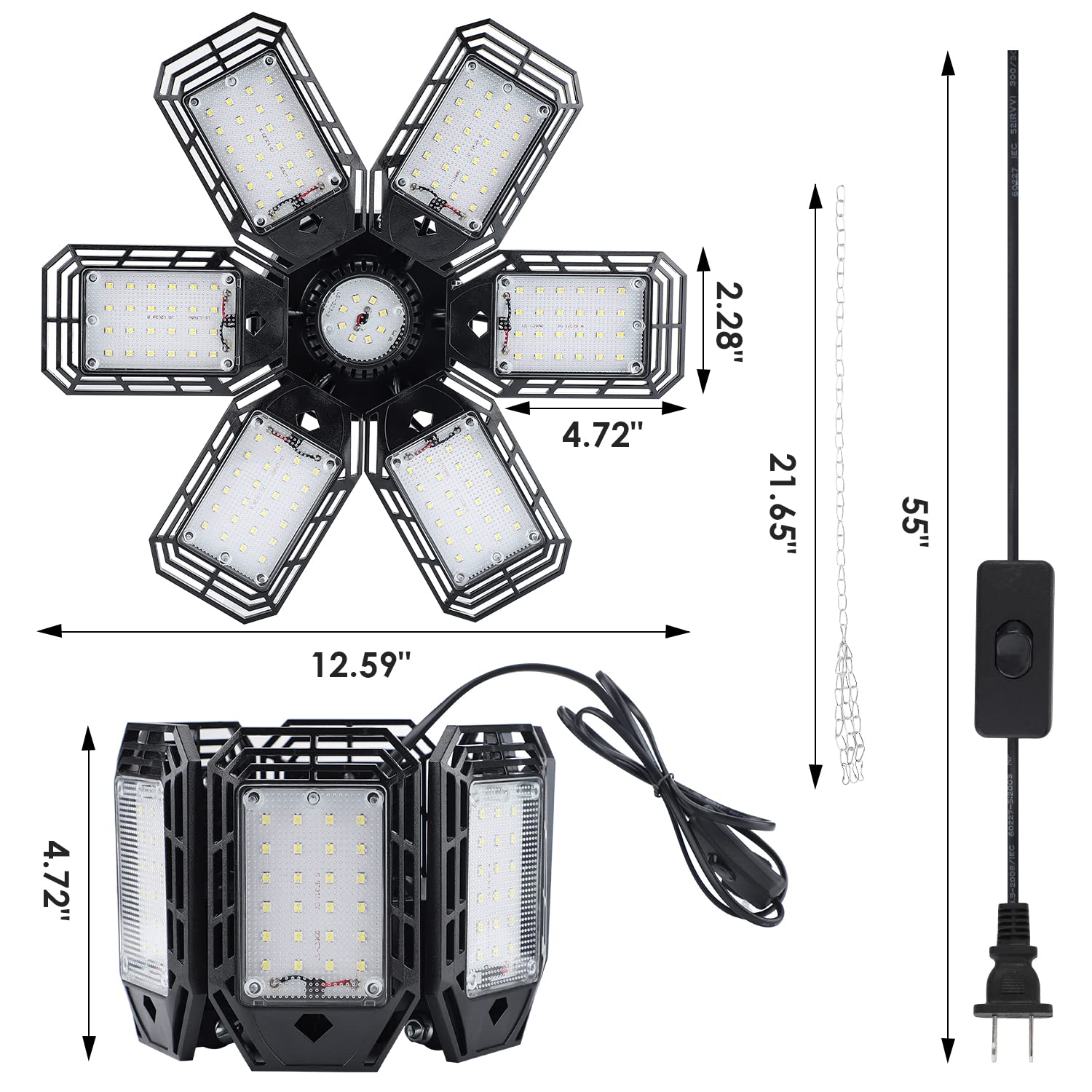 KASLIGHT LED Garage Light, 160W, 6 Adjustable LED Panel Heads, 180 Coverage, Energy Saving, Black