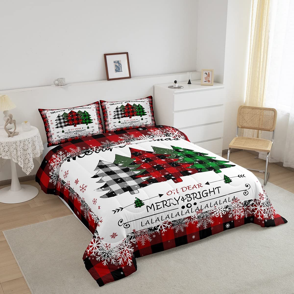 Manfei Xmas Tree Comforter Set King Size, Merry Christmas Quilt Set with 2 Pillowcases, New Year Theme Plaid Print Bedding Set 3pcs for Kids Boys Girls Bedroom Decor