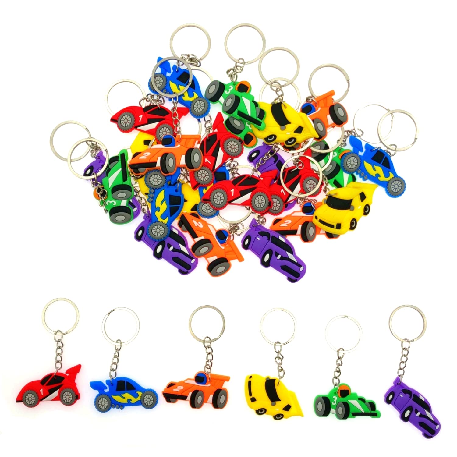 JZK 30 Pcs car keyring set for kids, silicone race car keychains for children birthday party favours, kids party bag fillers, kids party thankyou gift