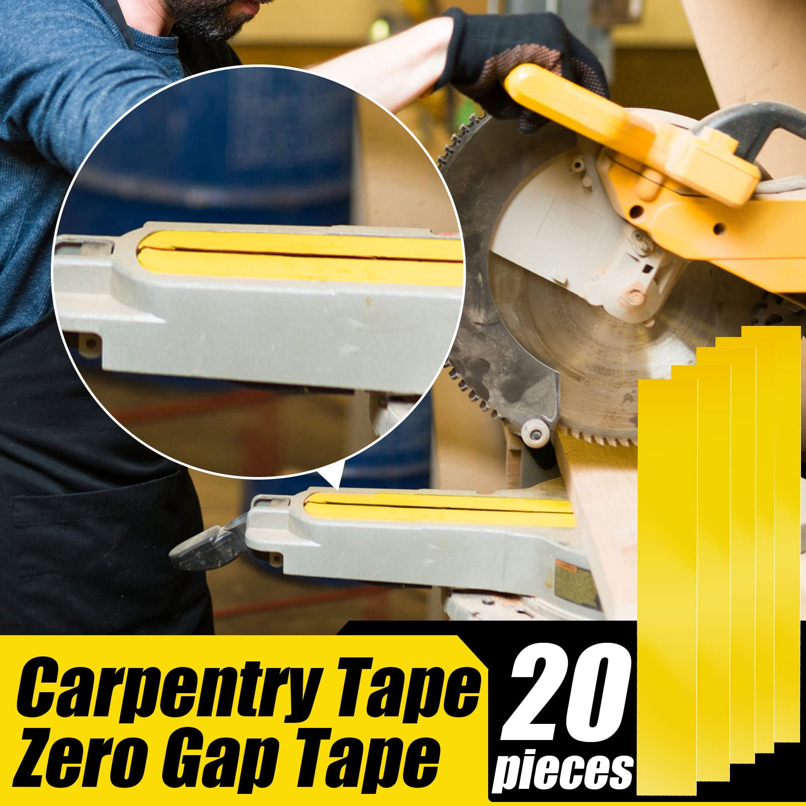 20 Pcs Zero Gap Woodworking Tape Miter Saw Tape for More Accurate Cuts on Miter Saw Table Saw PVC Self Adhesive Strips for Positioning Wood Cutting, 2 x 14 Inch, Yellow